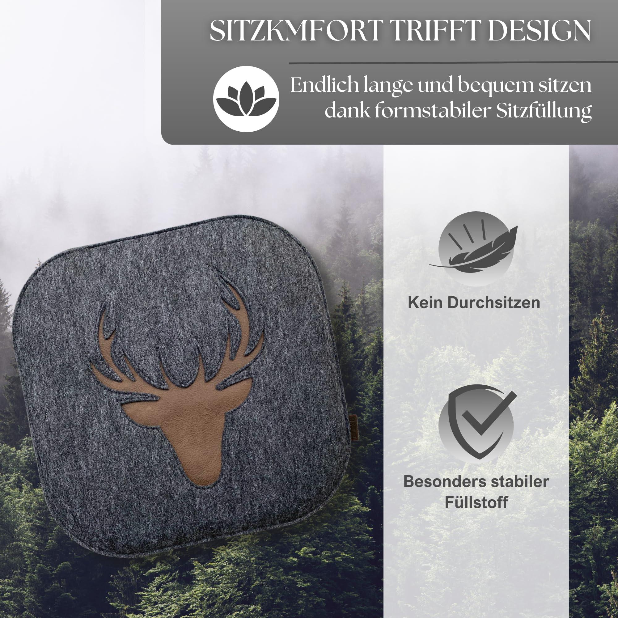 kontor28® - Sitzkissen Filz handgefertigt Made IN Germany | Sitzkissen Stuhl 37,5x37,5 cm aus rPET-Filz extra weiche und robuste Polsterung | Sitzauflage Stuhl Johann | anthrazit 4er-Set