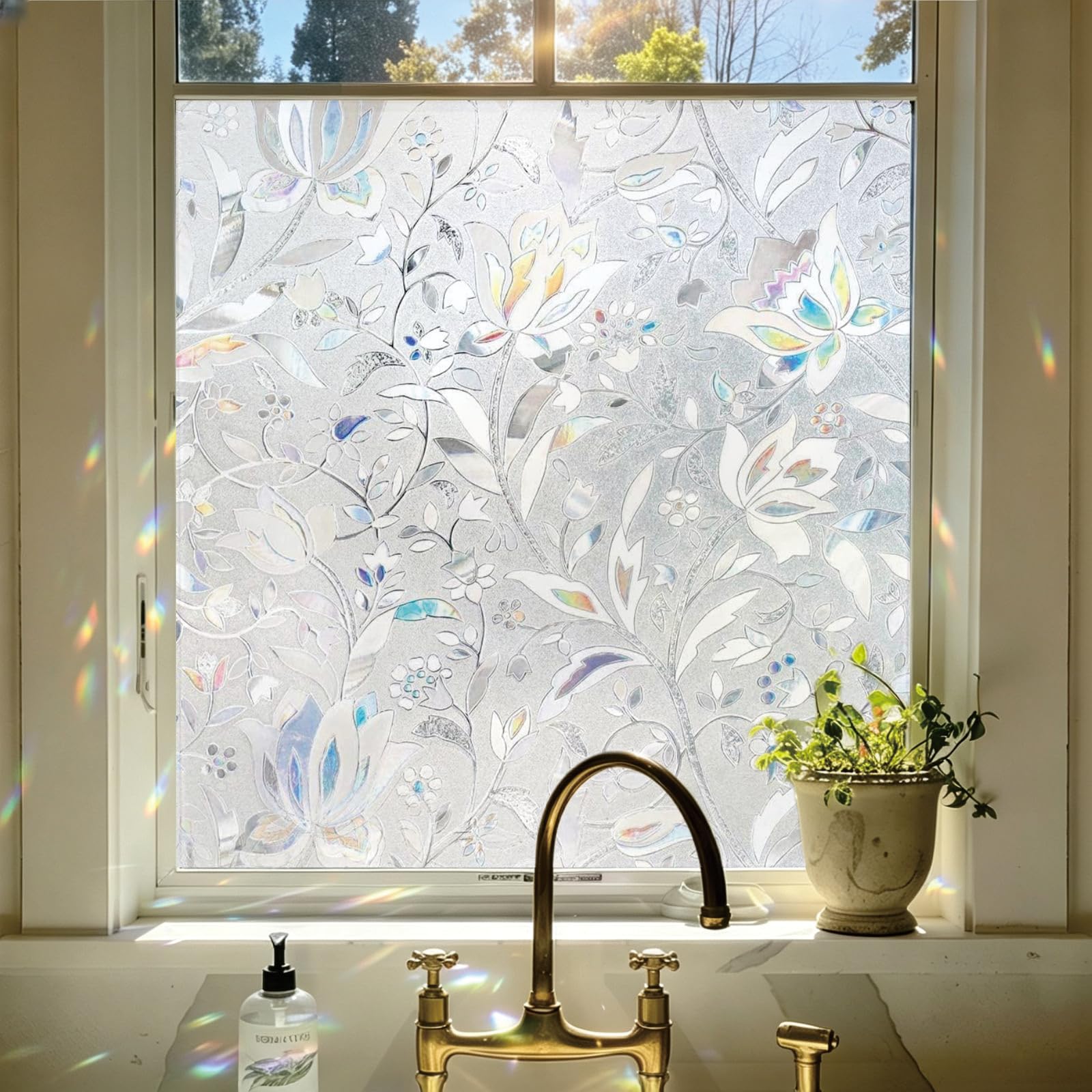 Rainbow Window Film 65 x 210 cm Blocks UV Static Cling No Glue Removable Heat Cotrol, Privacy Protection, Frosted Privacy Sticker No Glue Glass for Home, tulip