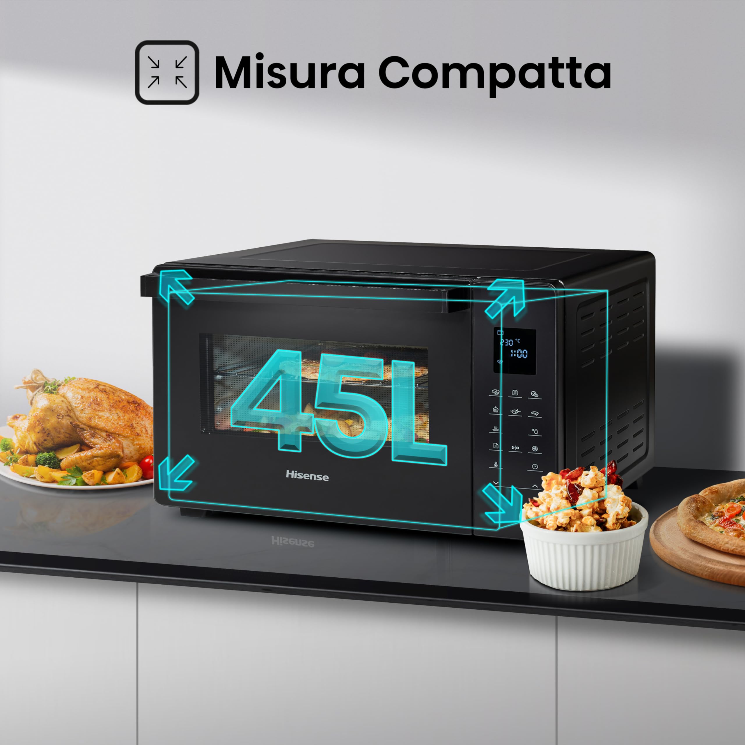 Hisense, HOM45D - Fornetto elettrico 45L, tre livelli di cottura a convezione, girarrosto, comandi touch, programmi automatici
