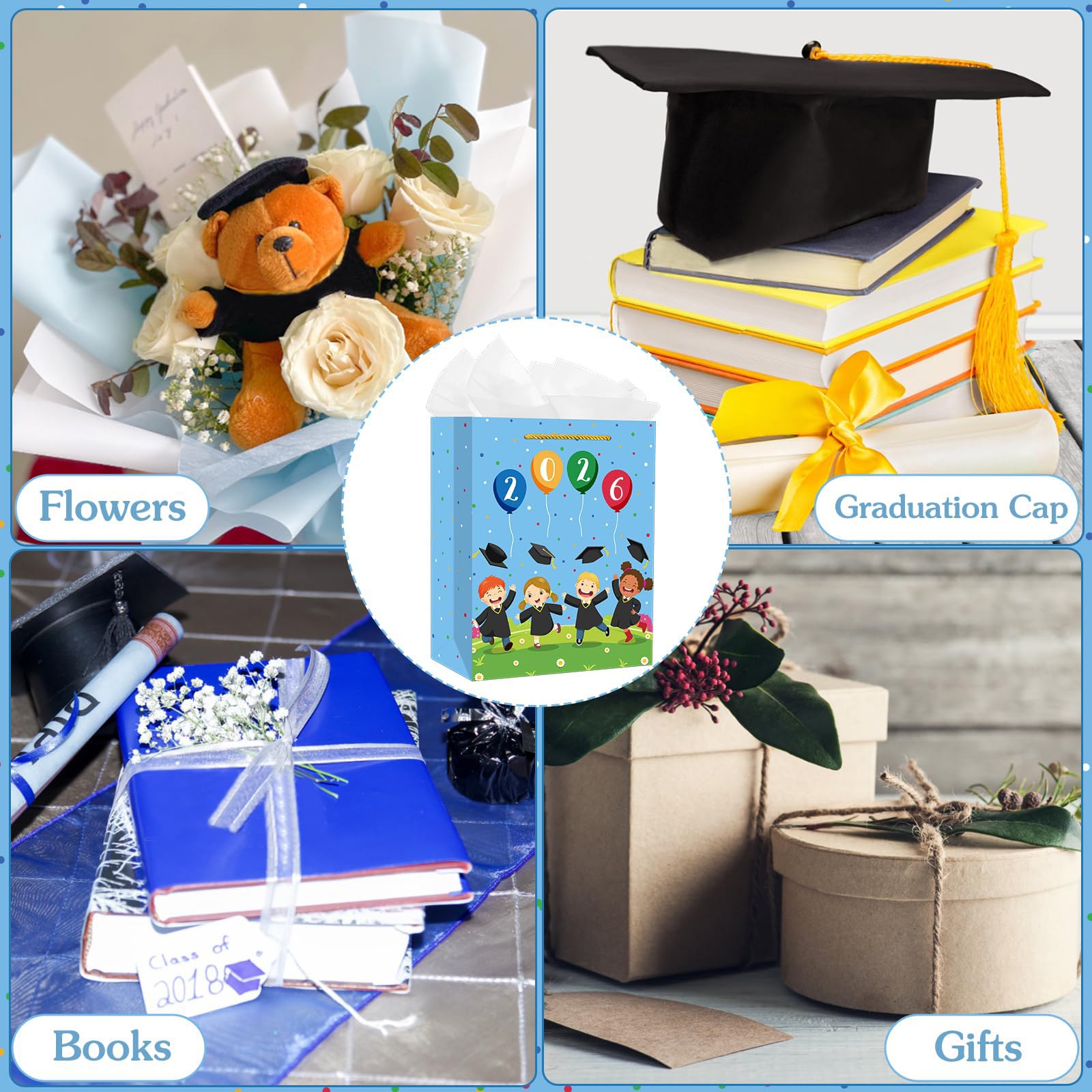 PETCEE Kindergarten Graduation Gift Bags 2026 - Pre K Preschool Graduation Bags with Tissue Paper Class of 2026 Grads Wrapping Paper Gift Bags for Kids Girls Boys Daughter Son Party Favors
