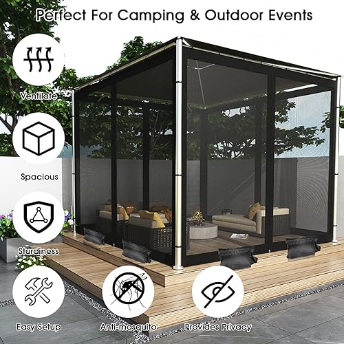 Miniatura 5 de Mosquitero universal de 10 x 12 pies con sacos de arena, 4 paneles de paredes de malla con cremalleras dobles para patio, jardín, patio, color negro