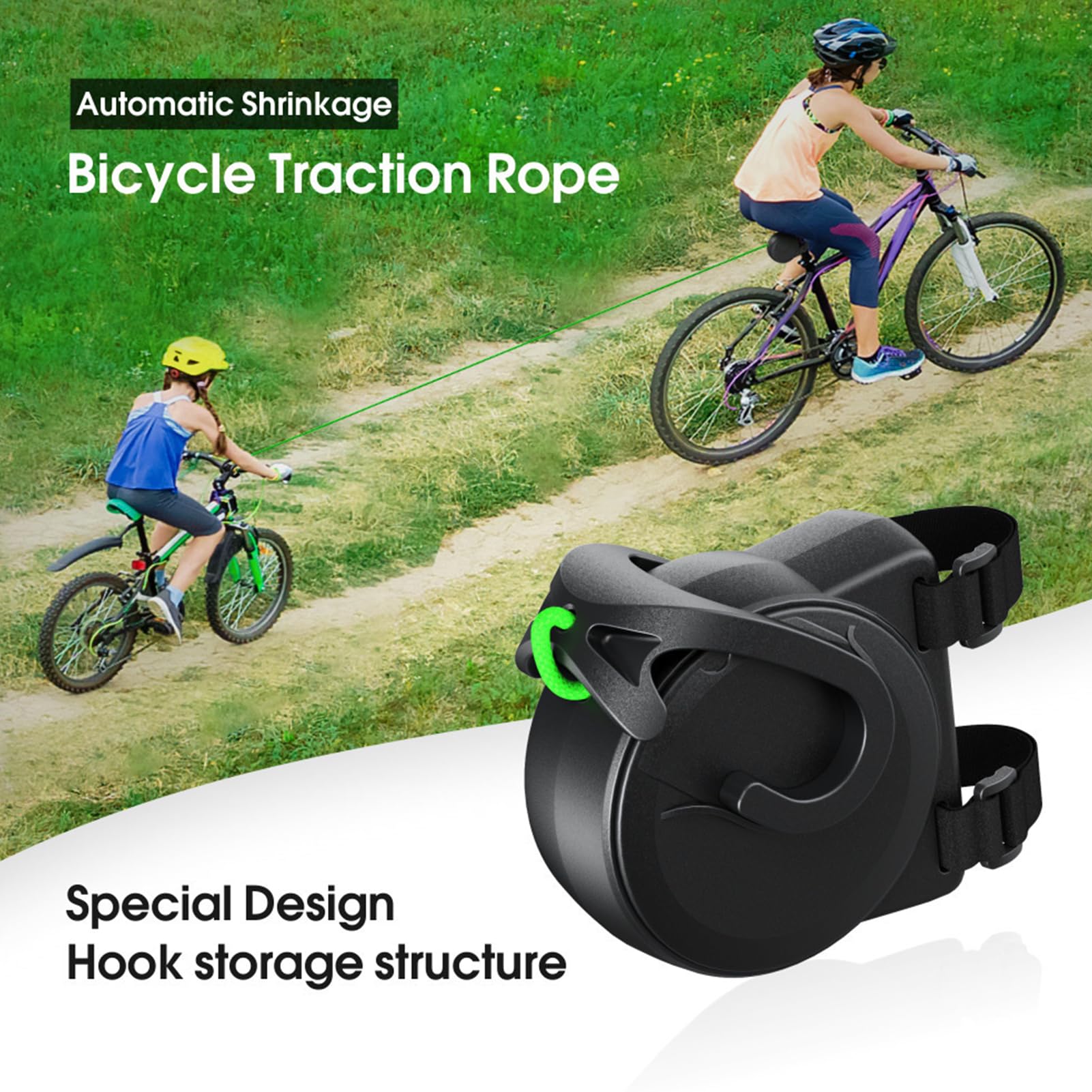 Traino bici bambino,Rimorchio bici bambini,Sistema di traino retrattile per bambini/adulti, Viene fornito con un guinzaglio in gomma super resistente e leggero da 2,6 m