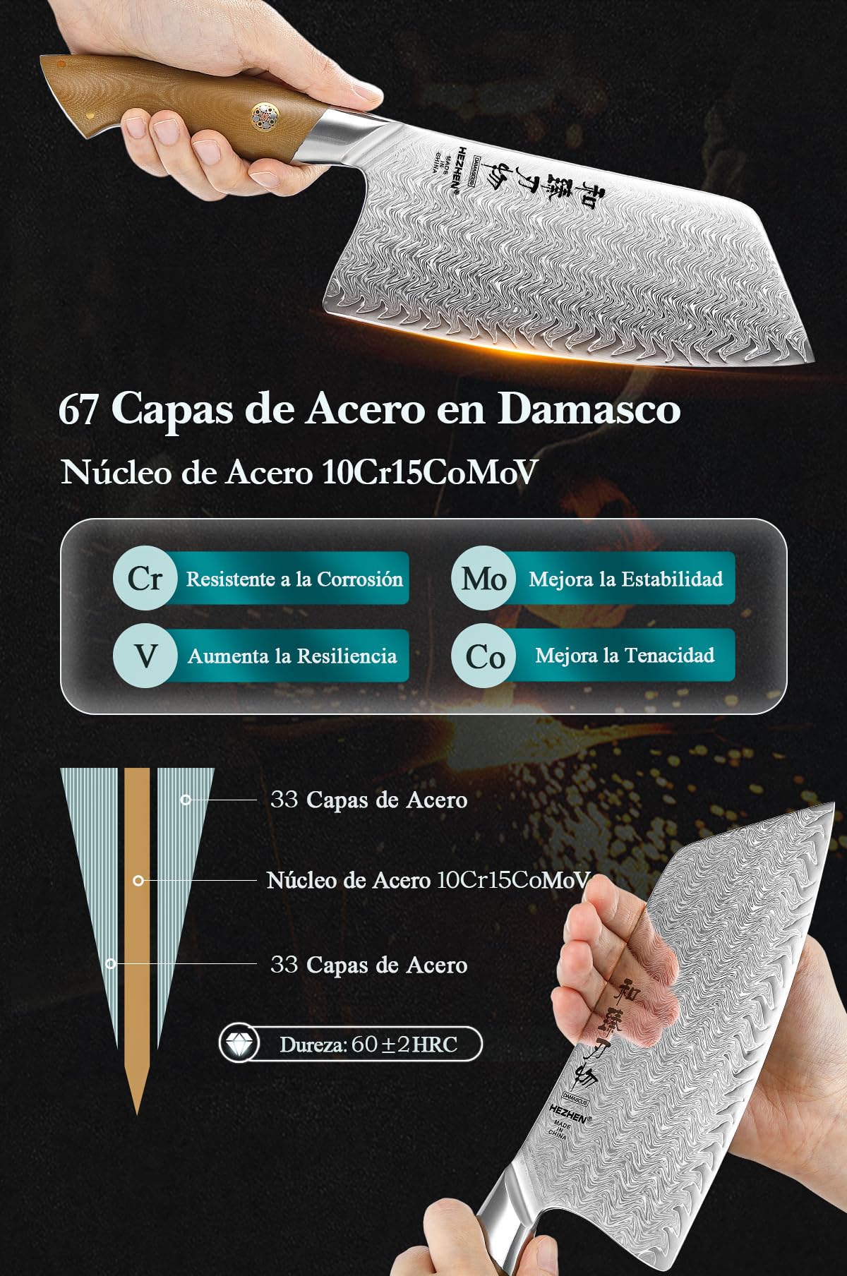 HEZHEN Damasco Hachas de Cocina Para Rebanar Carne, Multiusos Cuchillo de Chef Carnicero Chino,Cuchillos de Carne Profesional,Full Tang Mango