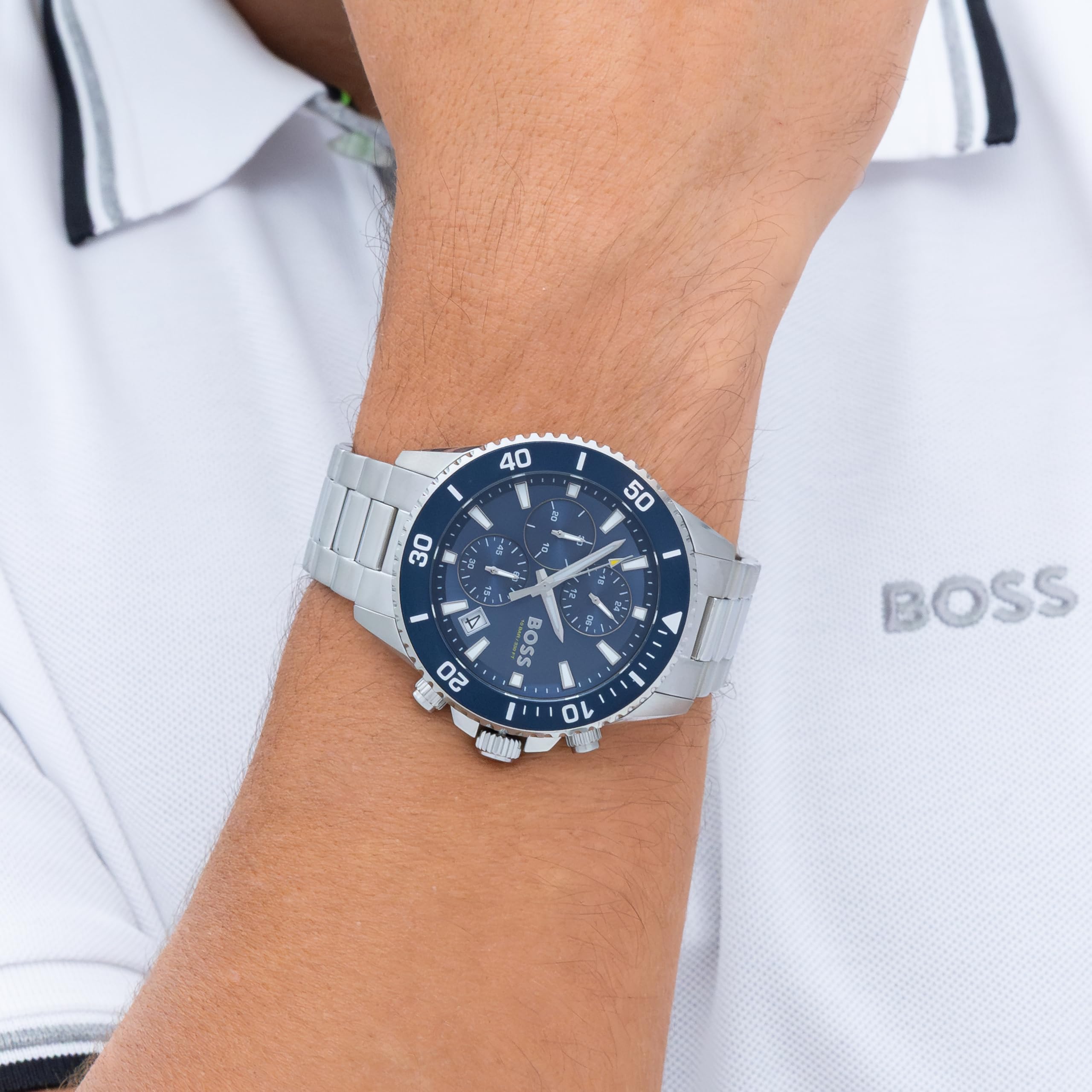 BOSS Reloj Cronógrafo para Hombre 45mm de Cuarzo Colección Admiral con Pulsera de Acero Inoxidable, Silicona o Tejido con Plástico del Océano, Función de Fecha y 3 Subesferas
