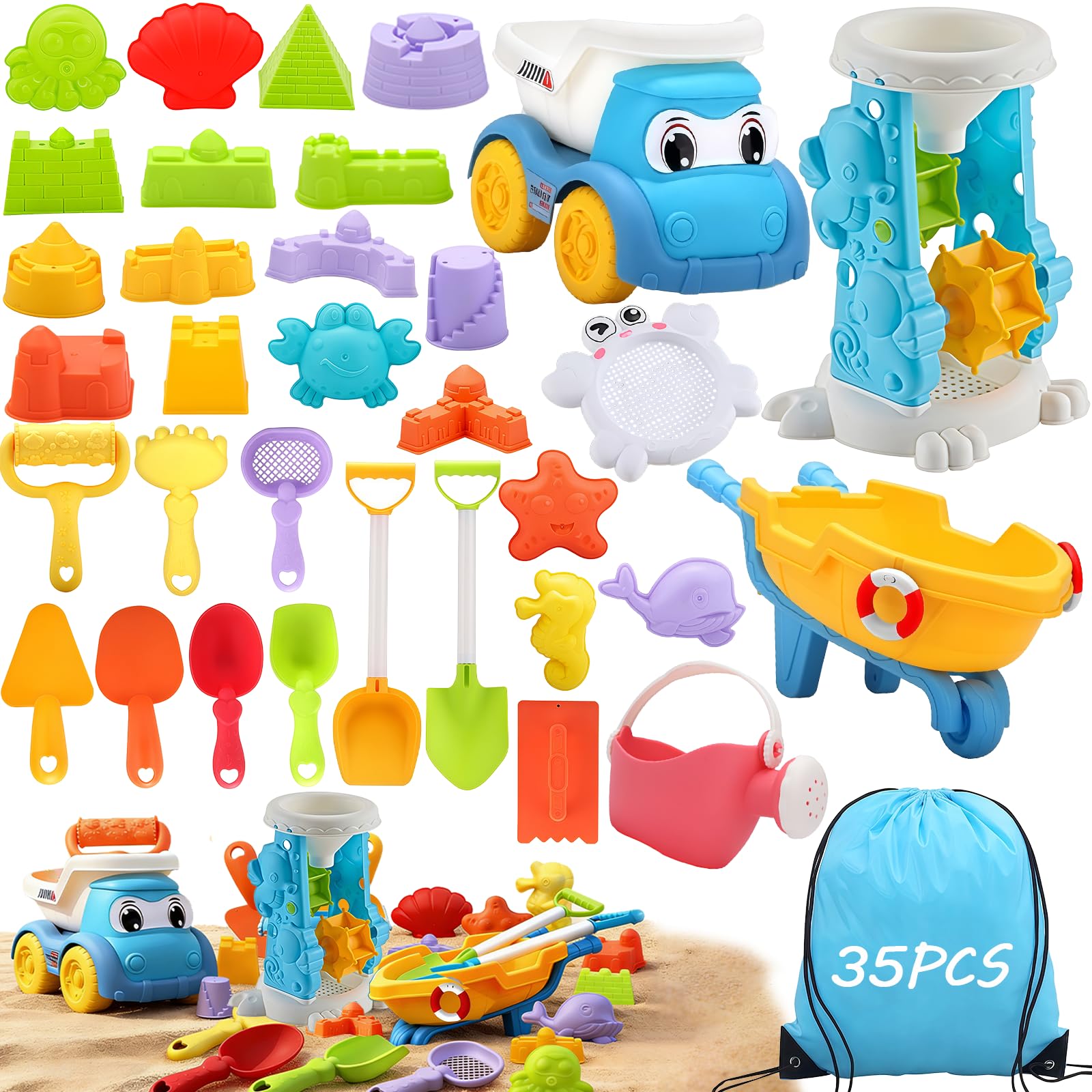 35pc Beach Toys Set, Play Sand Toys for Toddlers, Outdoor Fun Sand Tools for Kids, Girls Boys Summer Beach Games, Collapsible Bucket and Spade Set ,Summer Outdoor Travel Toys for Kids Toddlers Girls