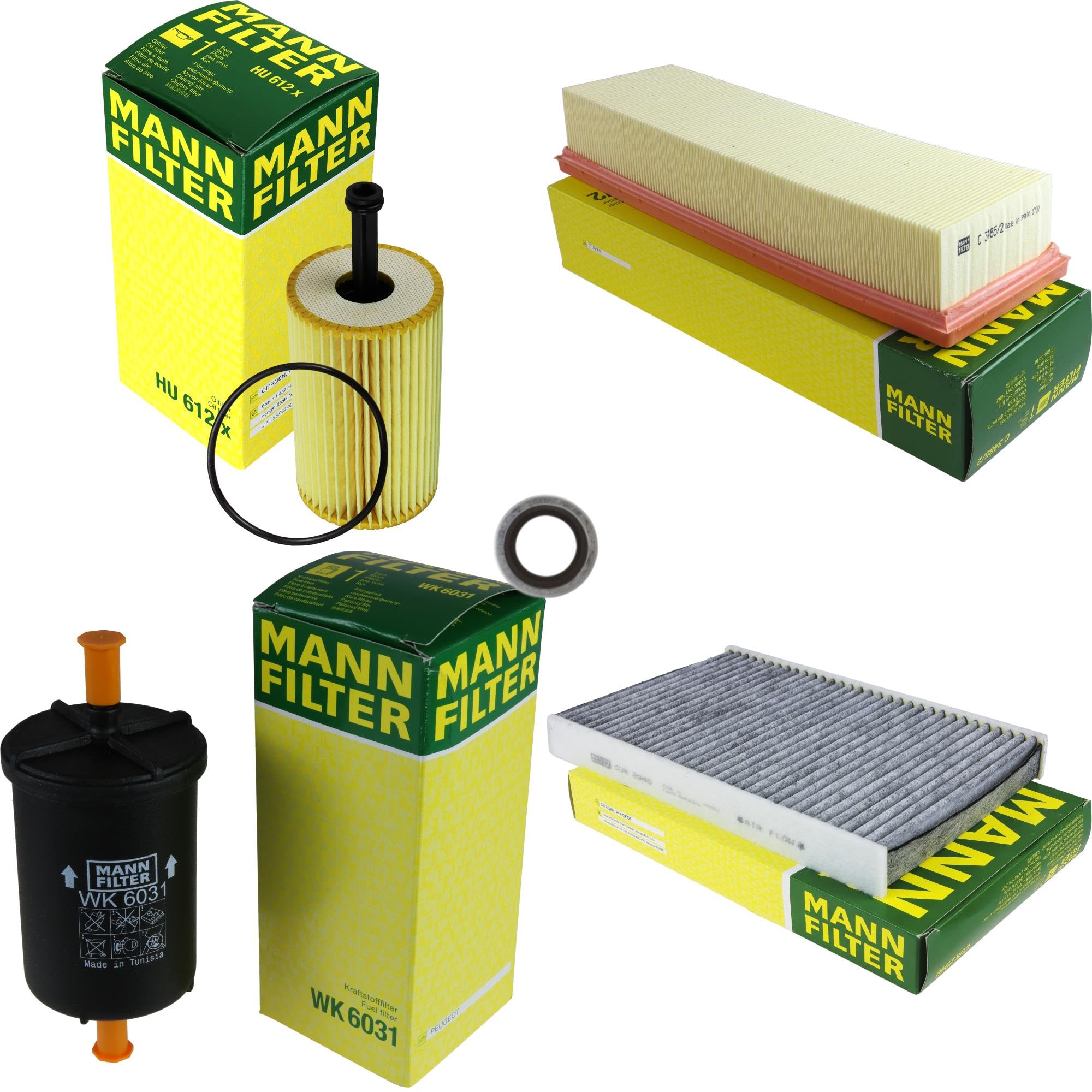 Paquete de inspección Kit de mantenimiento de filtros con filtro de aceite HU 612 x, filtro de aire C 3485/2, filtro de combustible WK 6031, filtro de habitáculo CUK 2940, anillo de sellado