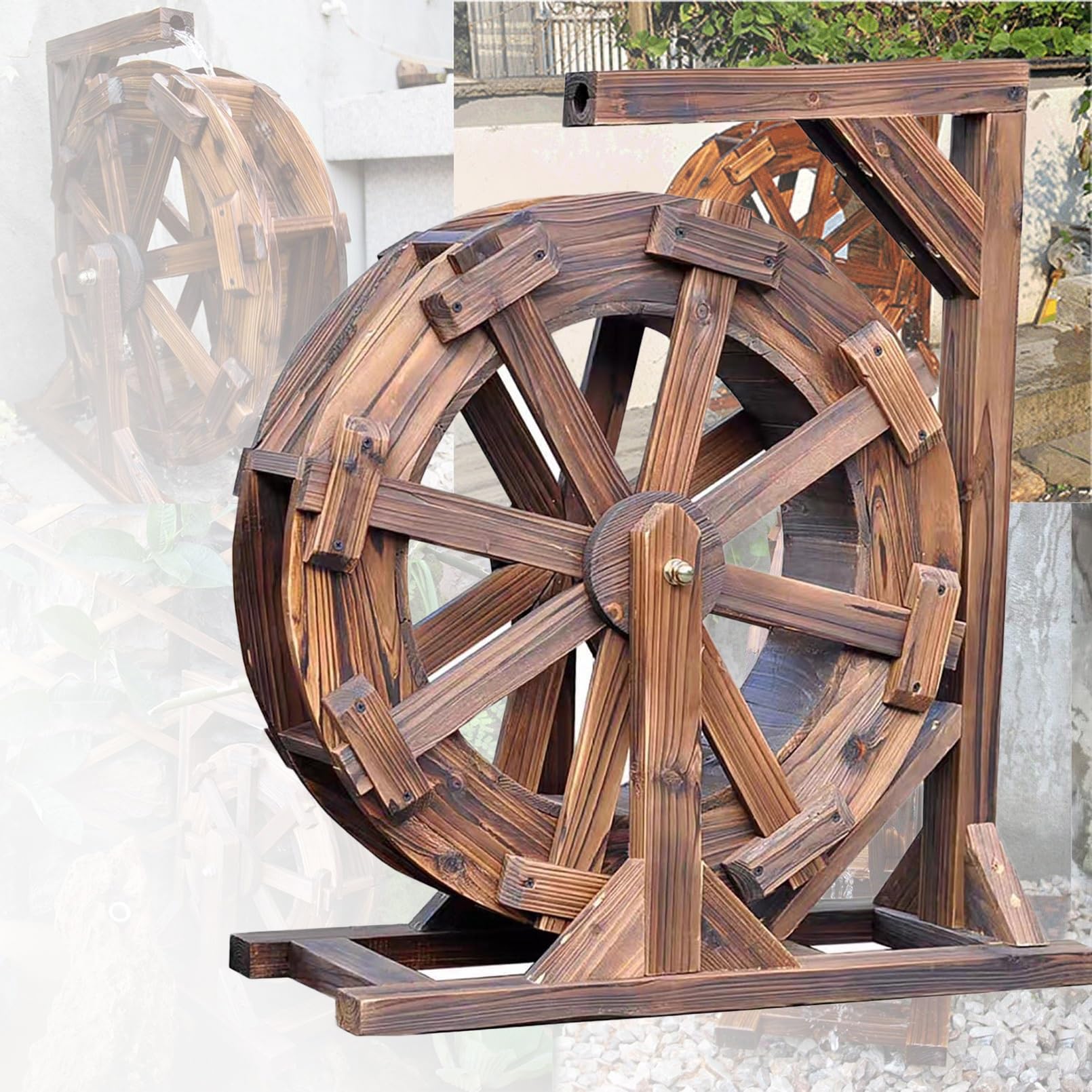 Fuente De Madera Con Rueda Hidráulica For Decoración De Jardín Con Soporte De Salida De Agua, Fuentes Y Cascadas Al Aire Libre, Fuente De Madera Con Rueda Hidráulica For Patio, Estanque, Piscina, Fuen
