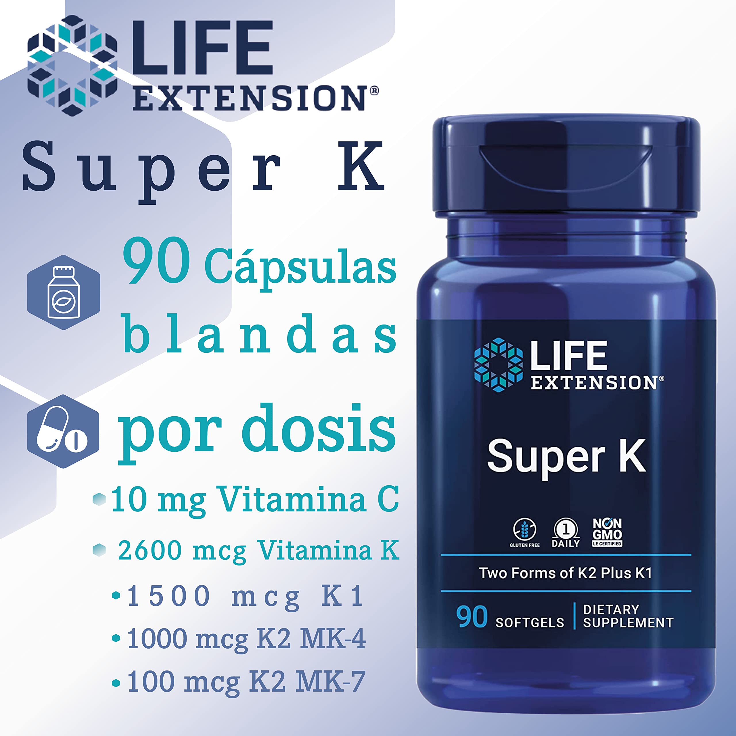 Life Extension, Super K, con MK-7, Depot, Alta Dosis, 90 Cápsulas blandas, Probadas en Laboratorio, Sin Gluten, Sin Soja, No GMO