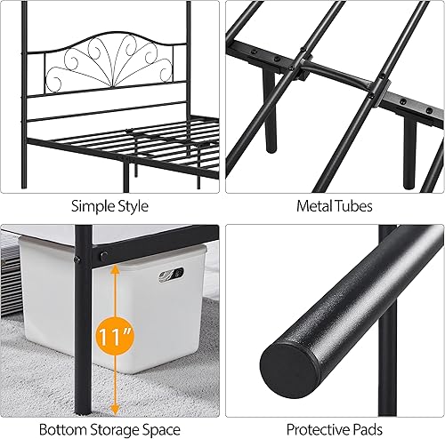 Miniatura 4 de Yaheetech Marco de cama con dosel completo, elegante cama con dosel de metal, cama de plataforma con dosel de cuatro pósteres con cabecera arqueada,