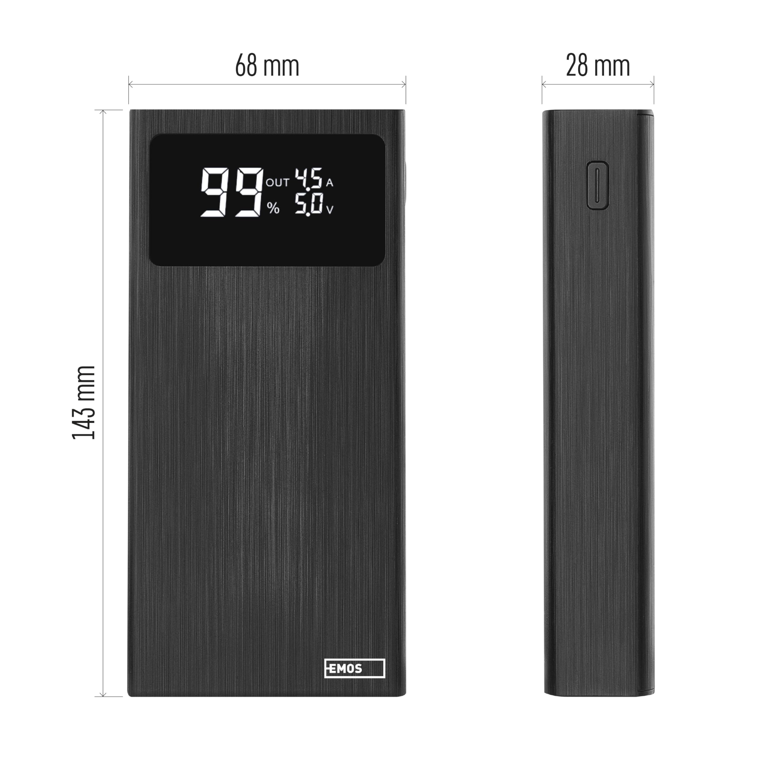 EMOS - Power Bank 20.000 mAh, ricarica rapida da 22,5 W, con display e pass-through, 3 uscite, per smartphone, tablet e dispositivi mobili, cavo USB-C incluso - Nero