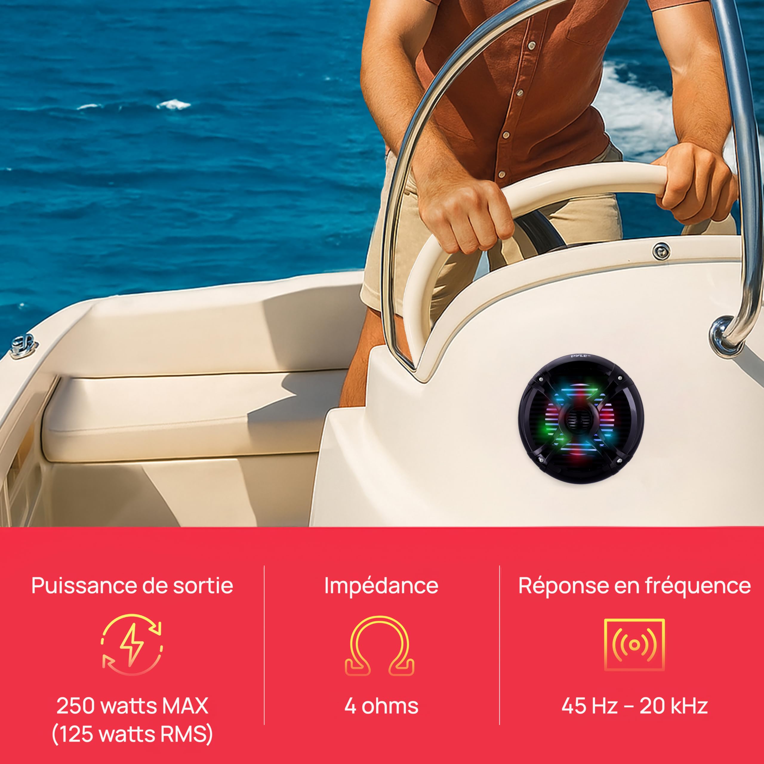Pyle Haut-Parleur Marin Dual 6,5” Étanche - 250W Système Audio Stéréo Radio Voiture/Bateau Résistant aux Intempéries avec Lumières LED, Câble de Montage et Grill - 1 Paire (Noir)