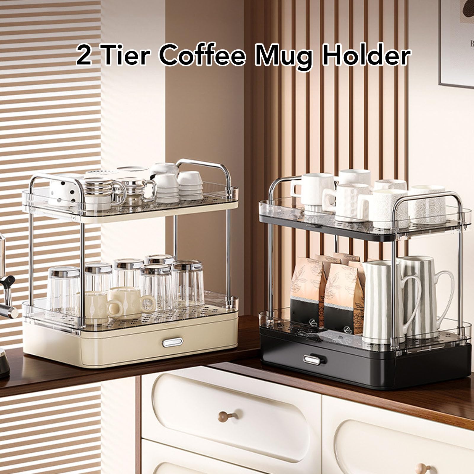2-stufiger Kaffeebecher-Becherhalter aus PET-Edelstahl, Kaffeestations-Organizer mit Abnehmbarer Abtropfschale, Platzsparendes Regal für Kaffeezubehör, Küchengewürzgläser, (BLACK)