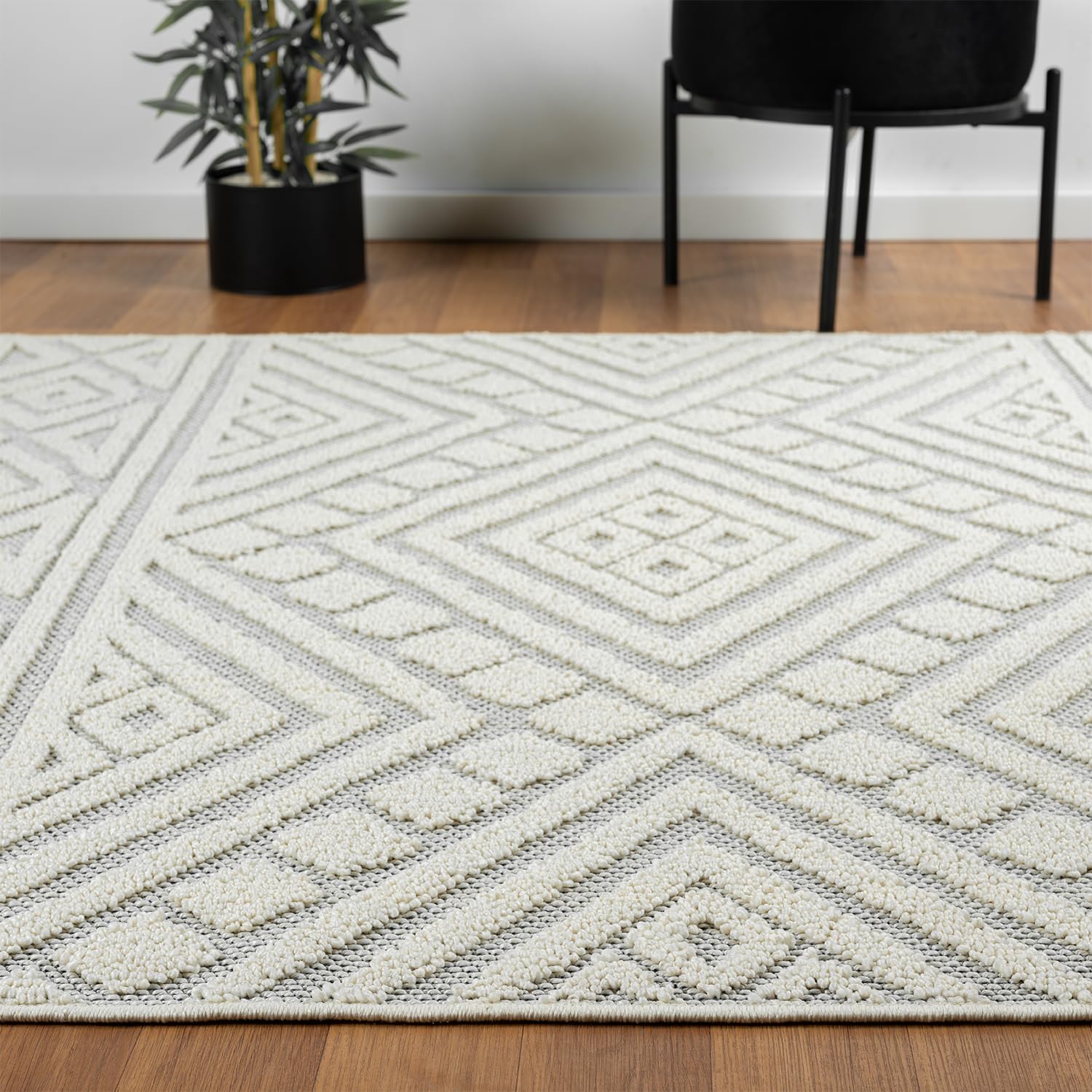 VIMODA Tapis bohème, pour salon, chambre à coucher, franges scandinave, tapis 3D, lavable, couleur : crème, dimensions : 200 x 290 cm