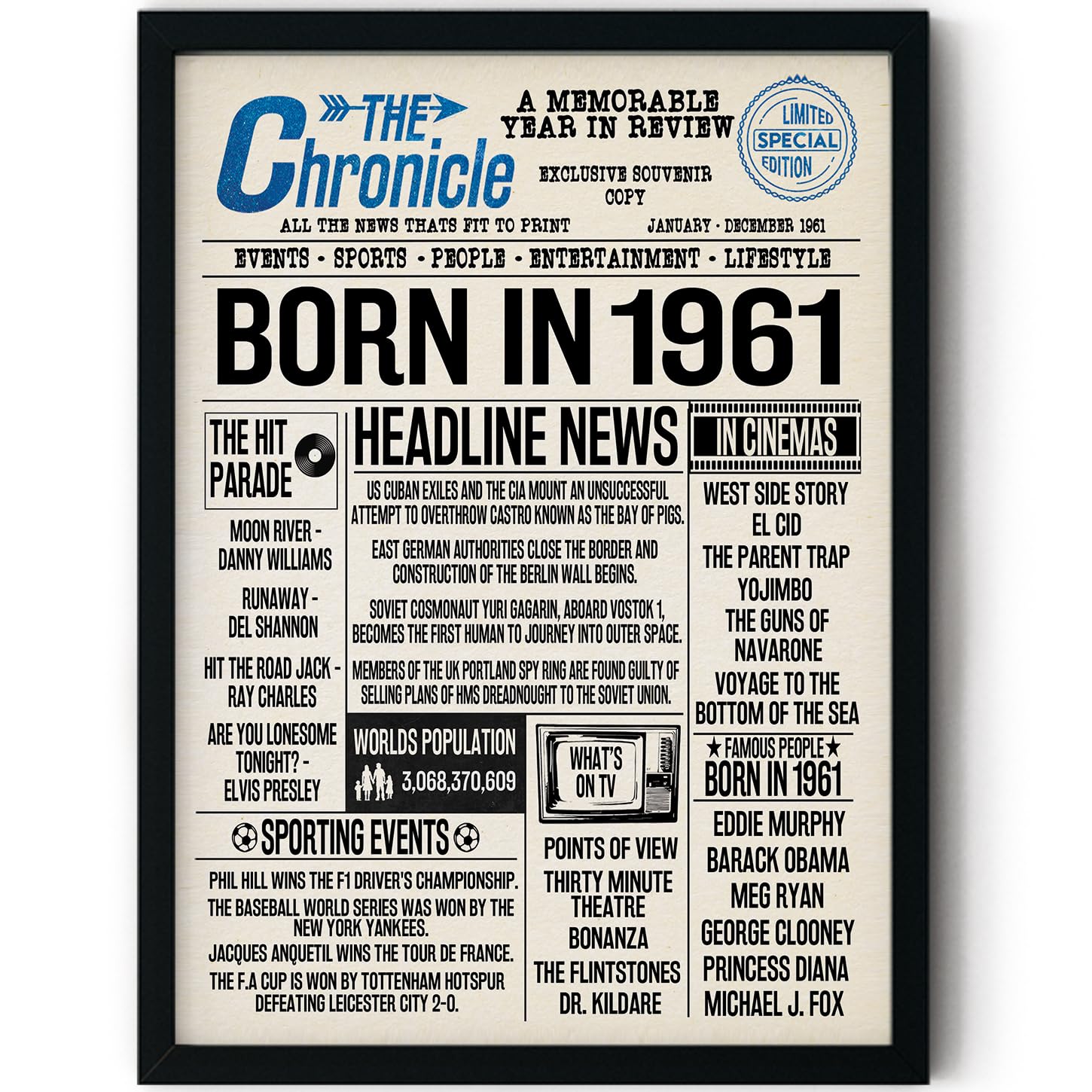 Stuff4 Men's 1961 65Th Birthday Poster Framed - Born In Newspaper - Happy 65Th Birthday Gifts For Wo Vintage Retro Back In 8X10 Inch Bday Party Decor Decoration