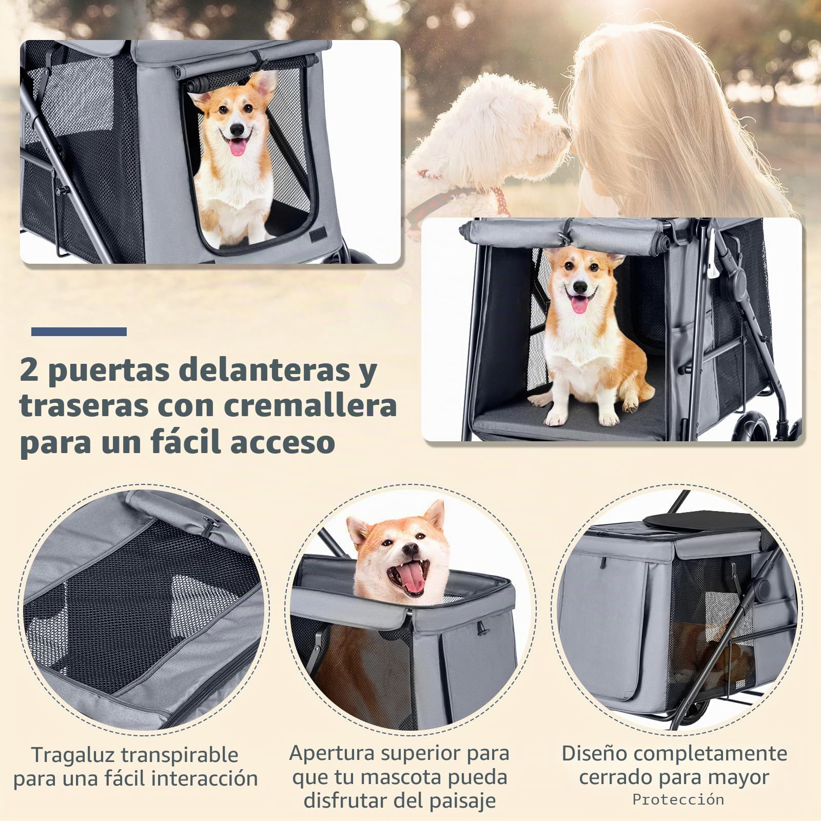 GOPLUS Cochecito para Mascotas para Perros y Gatos de Hasta 40KG, Cochecito Plegable con Cojín Suave, Ventana de Malla y 2 Entradas, Transportador para Perros con Ruedas Universales y Asa, Gris