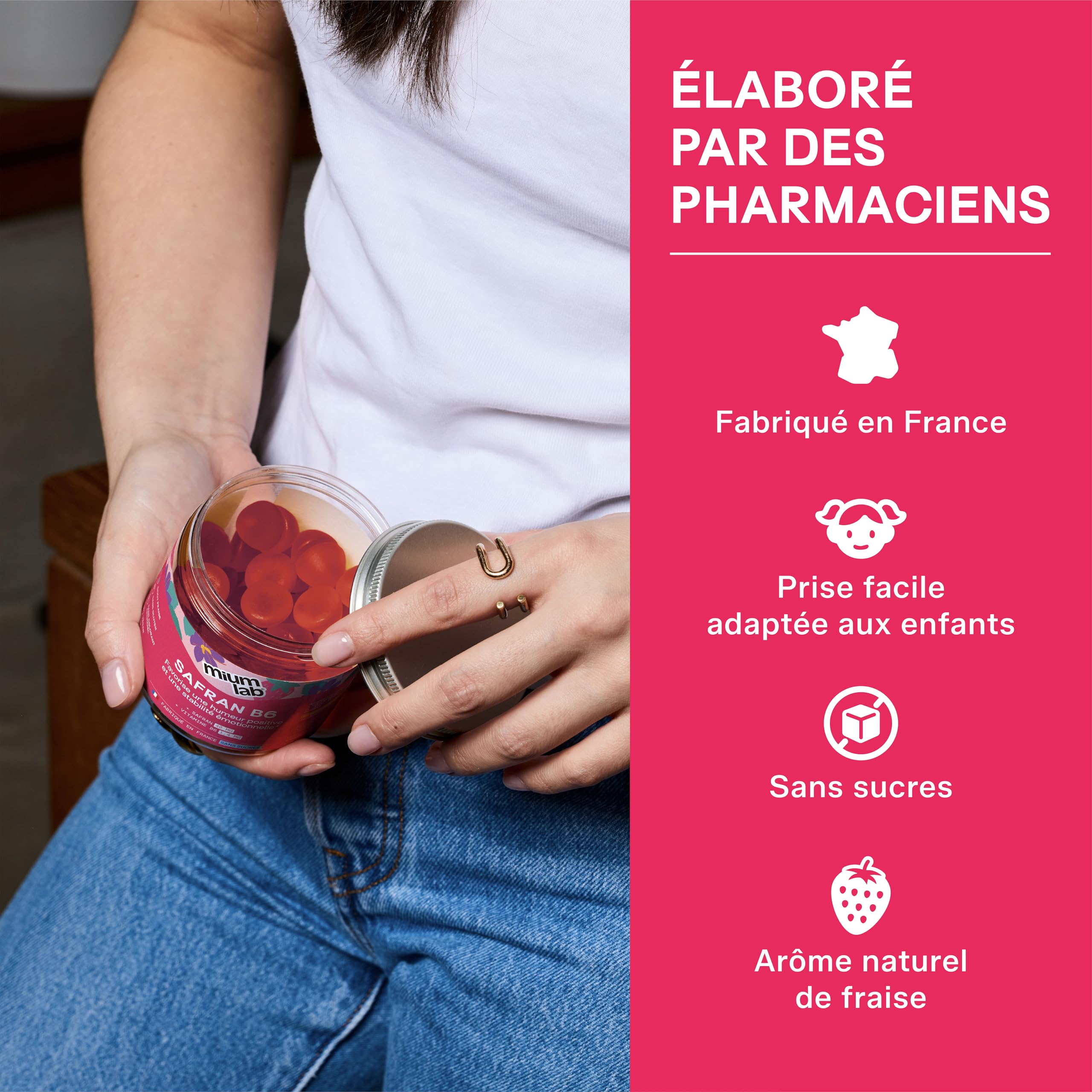 Mium Lab - Gummies Safran Hautement dosé (40mg) et Vit B6 sans sucres - Enfants et Adultes - Formule exclusive - Programme 3 à 6 semaines - Saveur Fraise - Fabriqué en France