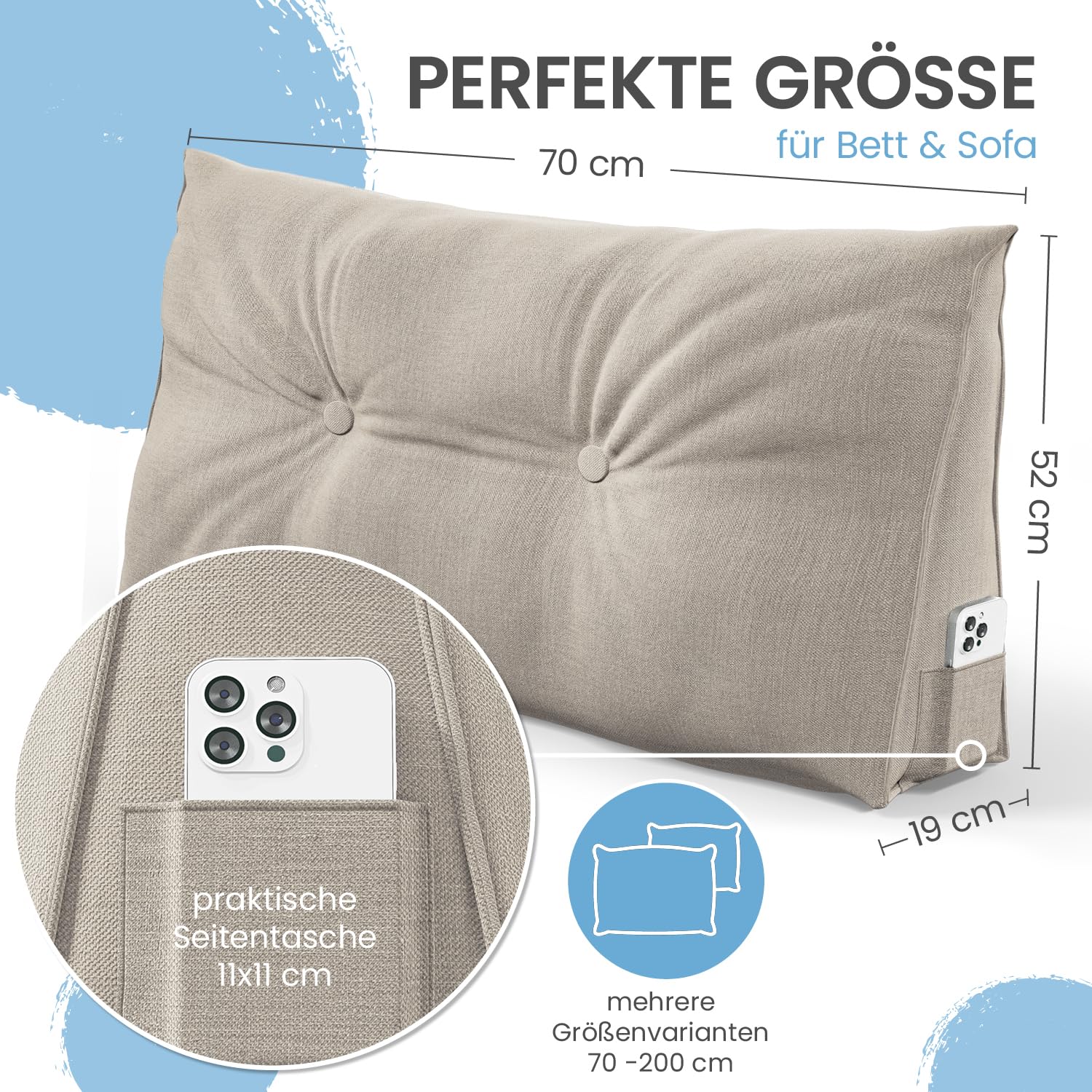 ELONEO Rückenkissen 70 cm breit, Keilkissen für Bett und Sofa, dreieckiges Lesekissen mit abnehmbarem Bezug