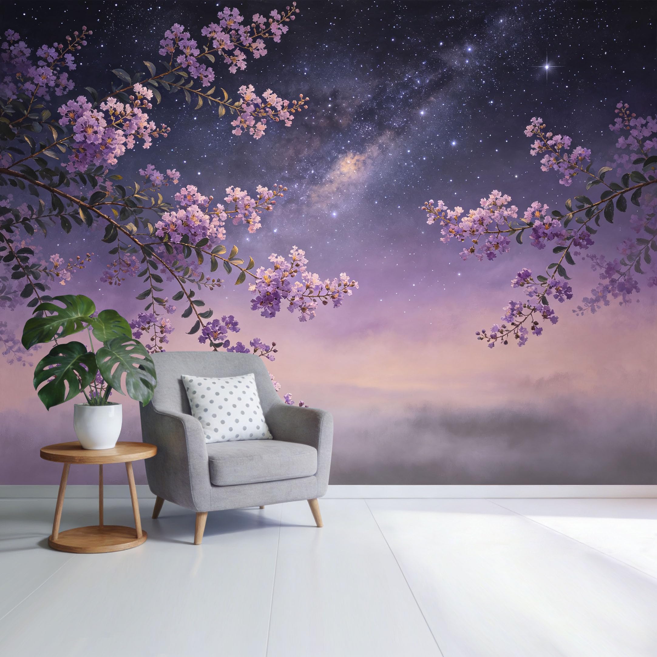 Custom Size Wall Mural Purple Cherry Blossom Night Sky Watercolor Landscape SelfAdhesive Wall Fabric Removable Wallpaper for Home Office Decor