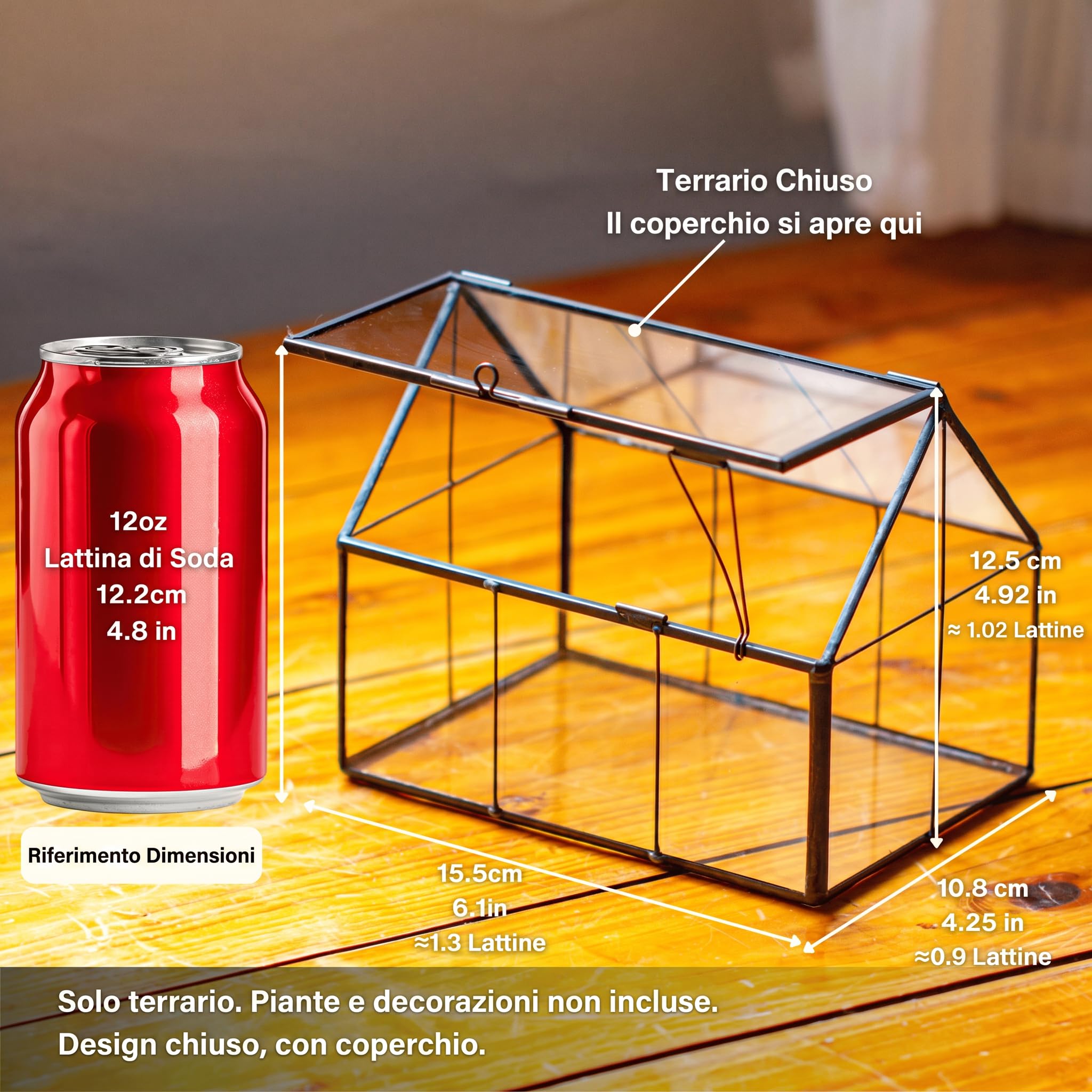 NCYP Mini terrario in vetro con coperchio, 15,5 x 10,8 x 12,5 cm, vaso chiuso a forma di casa, per felci, muschio, decorazione geometrica per casa, giardino, ufficio, tavolo, nero (solo terrario)