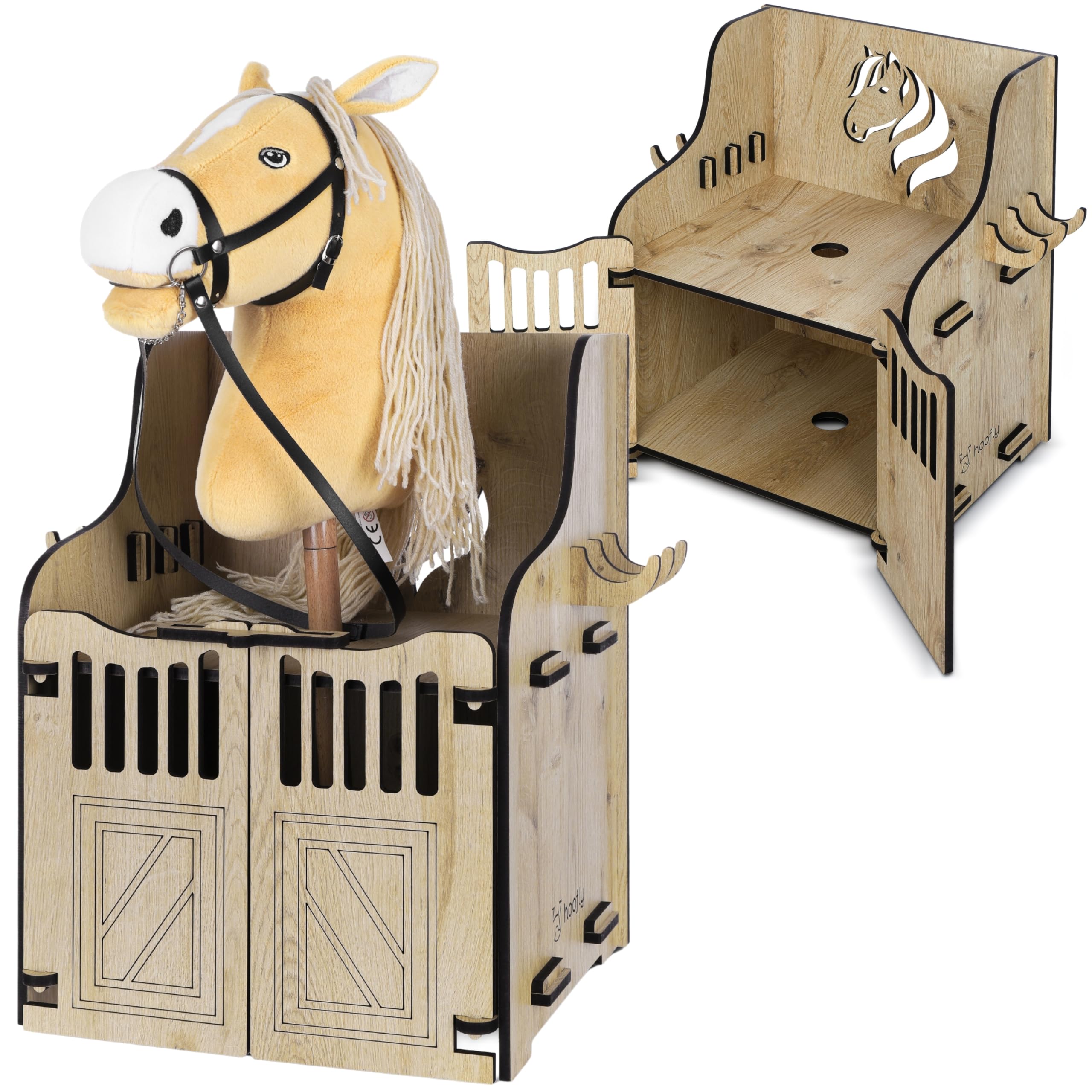 Hobby Horse Stalla da Parete - Pratico Accessorio per Hobby Horse con Porte, Spazio di archiviazione e Ganci/Ideale per 1 Cavallo Hobby Horse