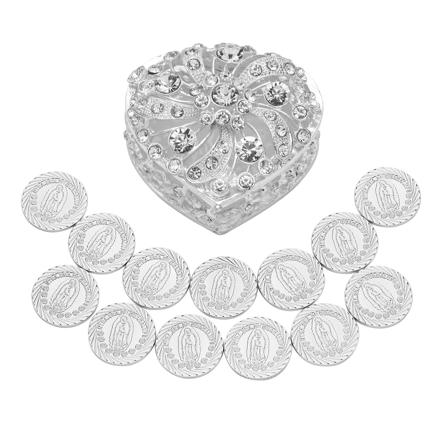 TINGKU TINGKU Arras para Boda Católica de Plata Mexicana, Arras de Boda Cristiana, Monedas de Nuestra Señora de Guadalupe Recuerdos Para Boda, Accesorios de Boda para Ceremonia con Caja de Corazón