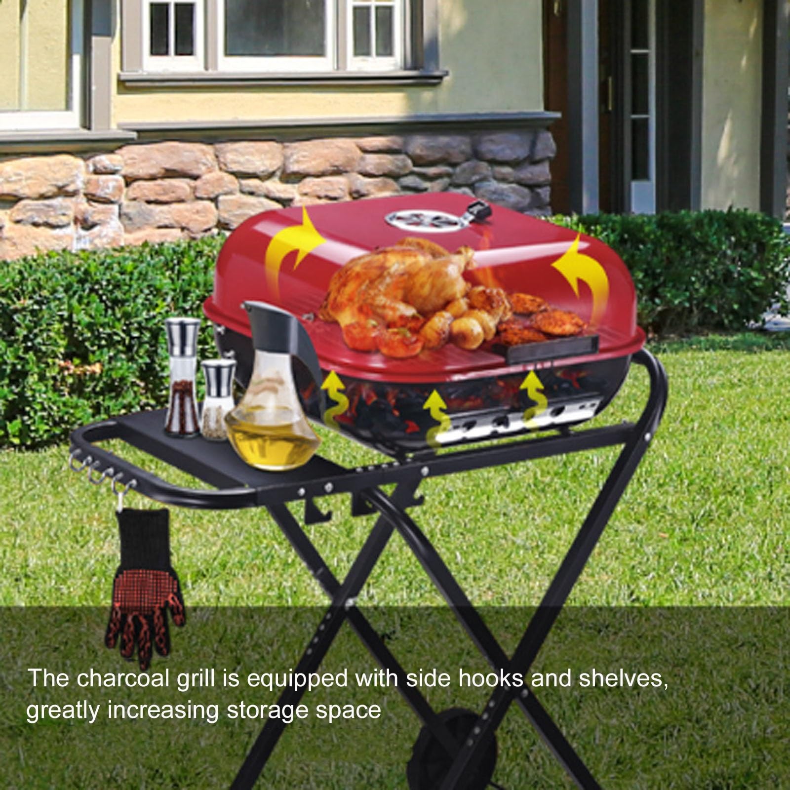 Parrilla de carbón portátil con ruedas, Barbacoa plegable para cocinar al aire libre, Parrilla de carbón para camping, jardín, patio, picnic, viaje