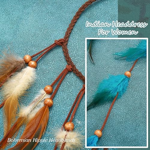 Miniatura 6 de CAKURE Diadema de plumas bohemias, accesorios para el cabello, diadema de plumas azules, tocado indio gitano para mujer