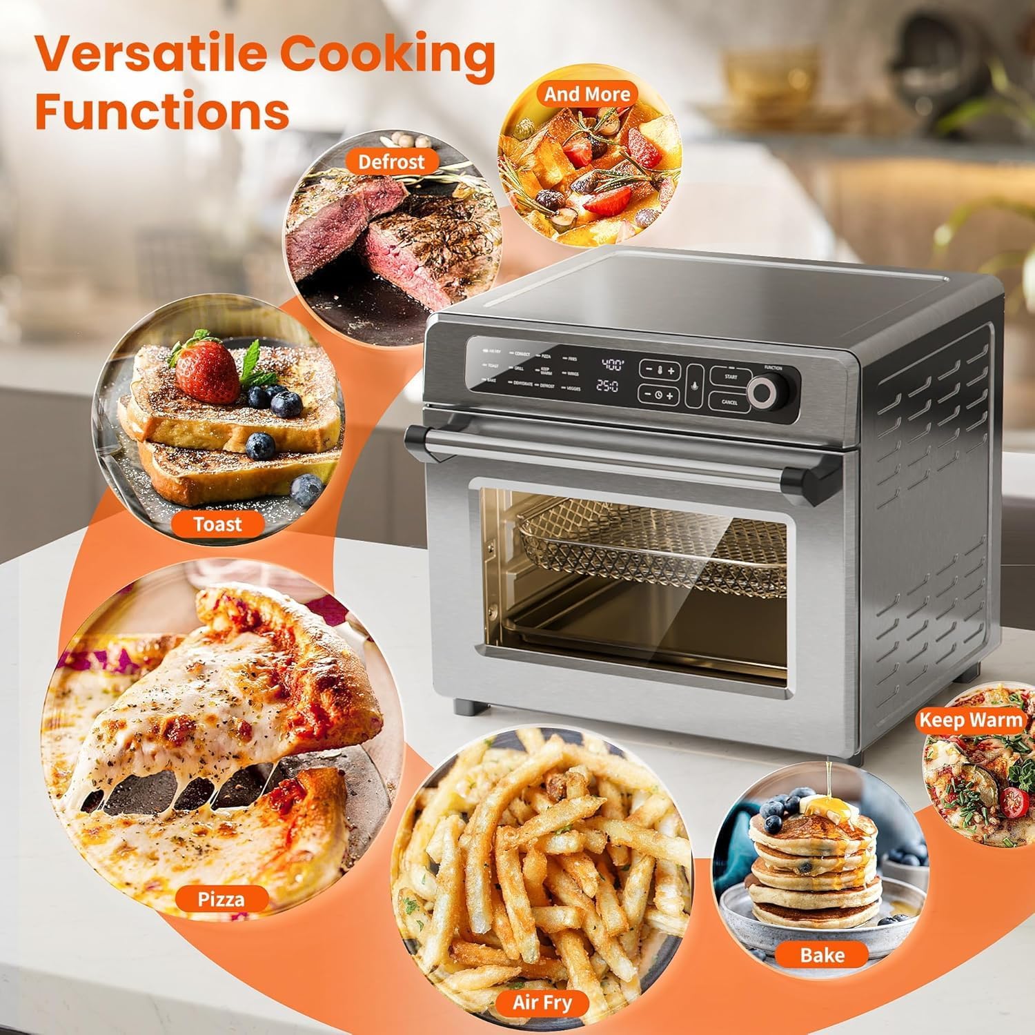 Electactic 25QT Air Fryer Toaster Oven Combo,12-in-1 Large Convection Airfryer Oven with 60-Minute Timer,70–450℉ Temperature Control,Roast & Broil, Fits 8-10″ Pizza(Silver)