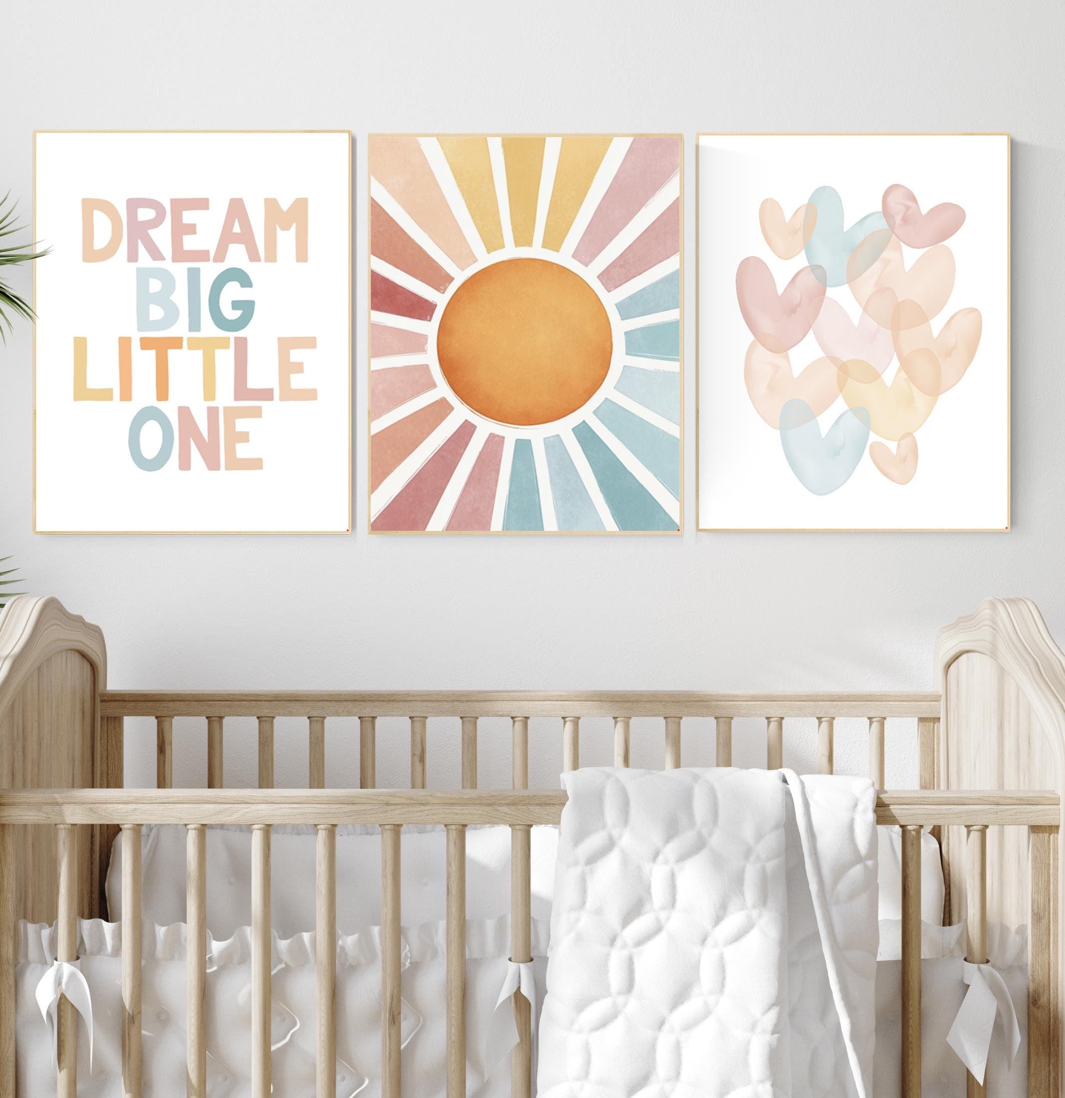 TONGYINLI Regenbogen-Sonne-Leinwandbild, Cartoon-Kinderzimmer-Dekorationsposter und -Drucke: Traum groß, kleines Kind Druckset Leinwand-Wandkunst (70x90cmx3/Rahmenlos)