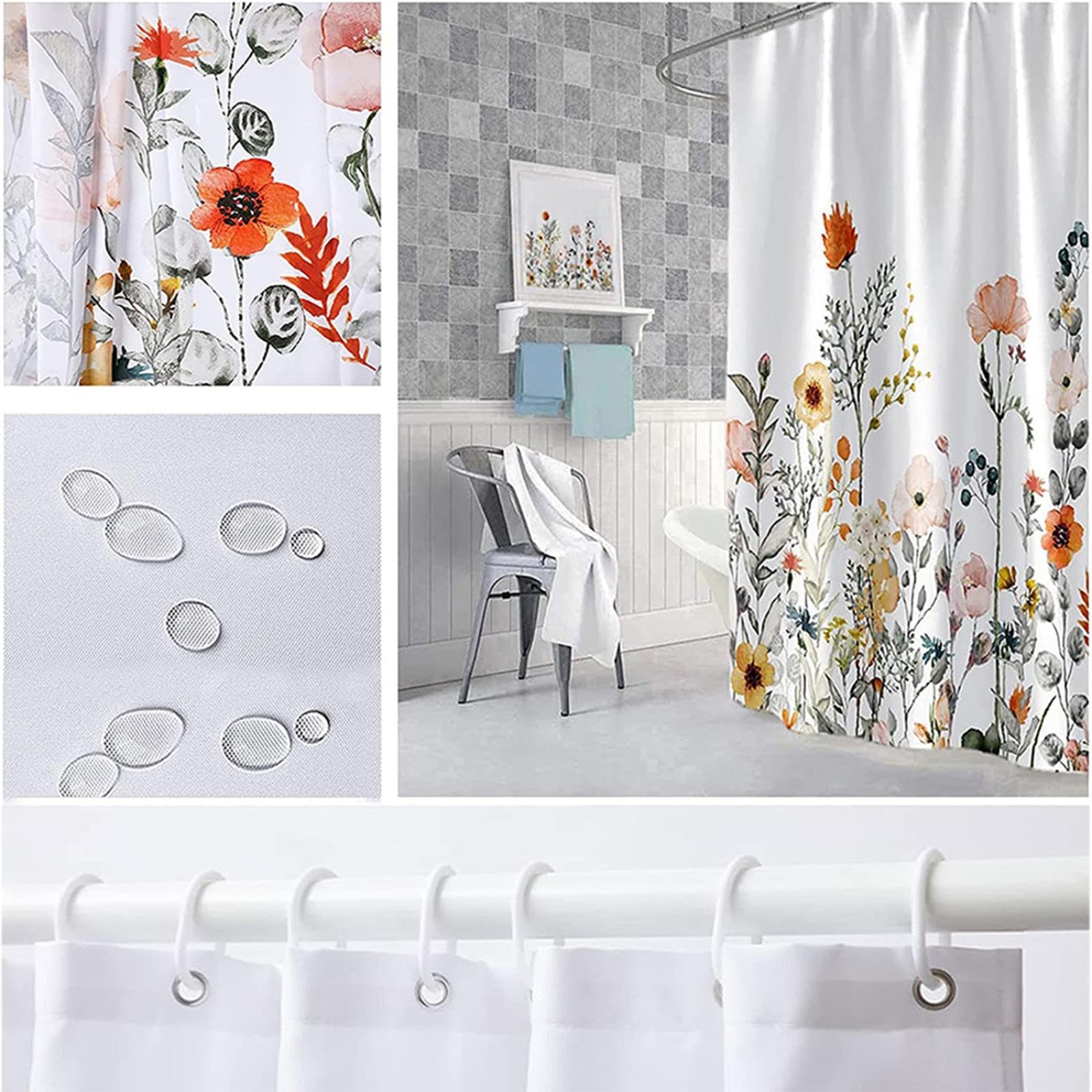 Duschvorhang Polyster Weiß Blumen 180x230cm Wasserdicht Anti-Schimmel Shower Curtains aus Waschbar Schnell Trocknend Badvorhang für Badezimmer, Badewanne mit 12 Duschvorhängeringen