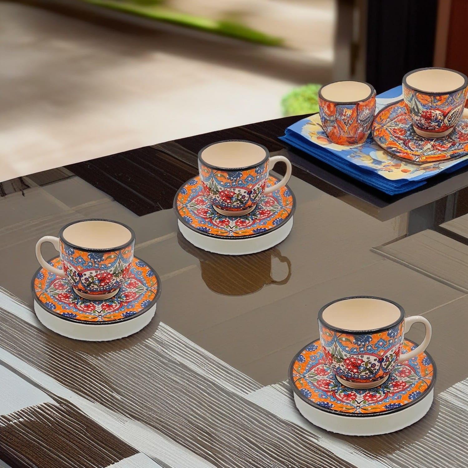 Komplettes Set mit 6 Espressotassen und Untertassen aus türkischer Keramik verziert - Raffiniertes ethnisches Handwerk 1308241204 Marokko Tunesien Ethnisch der Welt