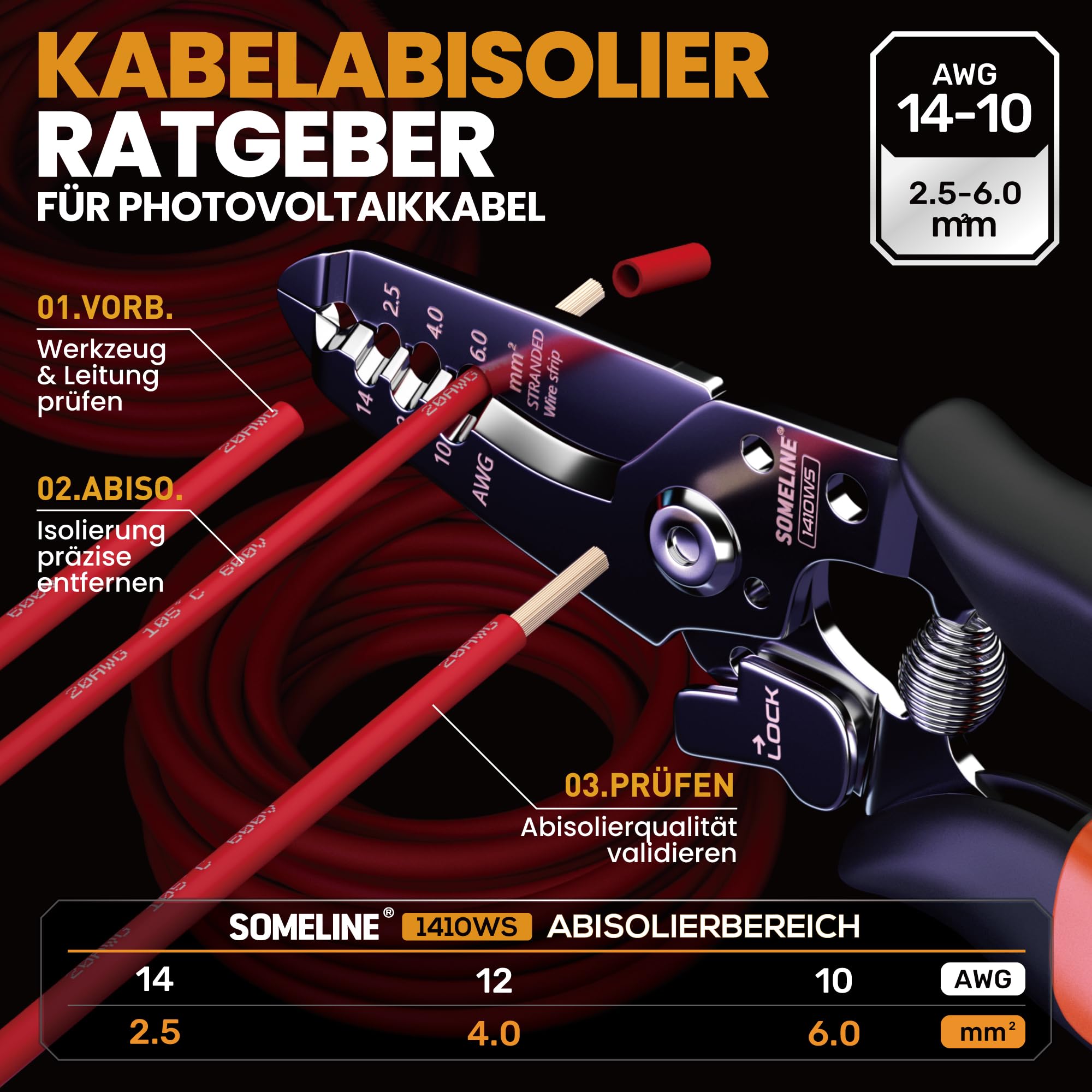 SOMELINE Solarstecker Crimpzange Set für 2.5/4/6mm² Solarkabel, 12 Paar Male Female Solarpanel Kabelstecker,1 Paar Solarstecker Schlüssel, Abisolierzange, PV Stecker Werkzeug, Solar Crimpzange