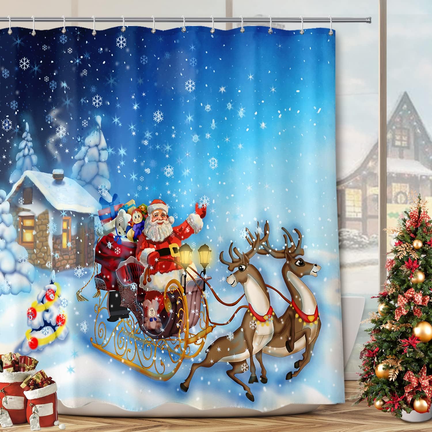 BROSHAN Blue Christmas Shower Curtains for Bathroom