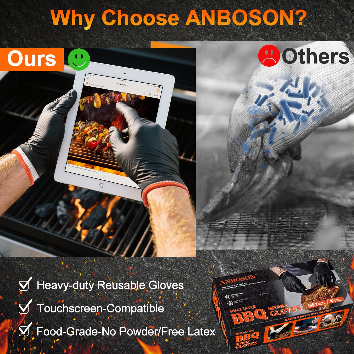 ANBOSON Guantes de barbacoa para cocinar, hornear a la parrilla, 100 guantes desechables de nitrilo y 4 forros de algodón lavables (nitrilo de 6 mil, grande)