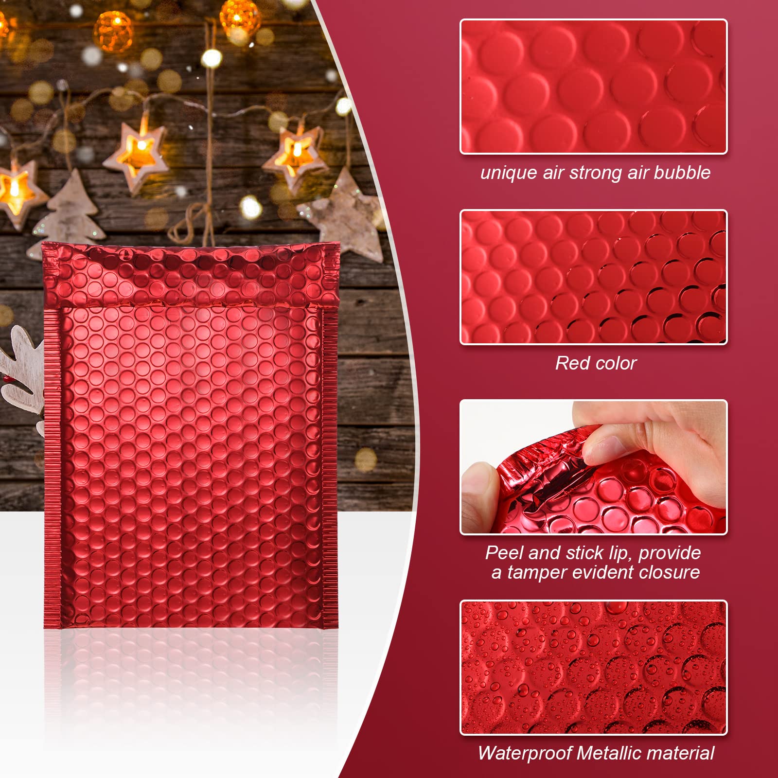 Outus 50 sobres metálicos acolchados de burbujas para entrega, sobres acolchados de papel de aluminio con purpurina, sobres con cierre adhesivo, bolsas de entrega para embalaje por correo (rojo)