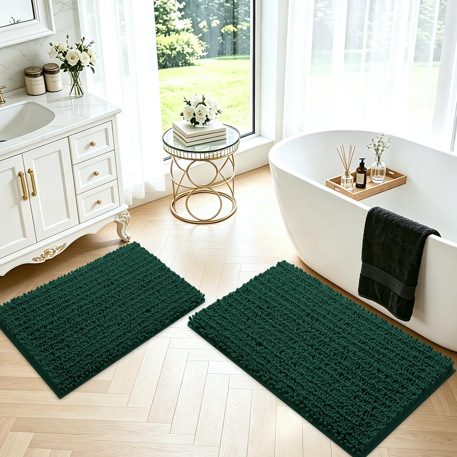 ACCUMTEK Upgrade Luxury 2 Piece Deep Green Toilet Bathroom Rug Mat 32"x20"+24"x17", Ultra Soft Thick Absorbent Bath Mats, Non Slip Chenille Toilet Mat for Bathroom, Bedroom, Kitchen, Shower, Tub