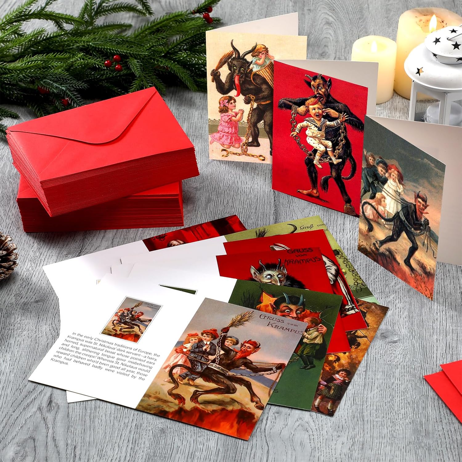 Harloon 120 Set Christmas Krampus Greeting Cards 4 x 6 Inch Krampus Greeting Cards with Red Envelopes 12 Designs Xmas Funny Devil Card Anti Santa Card for Christmas Holiday Gift Supplies