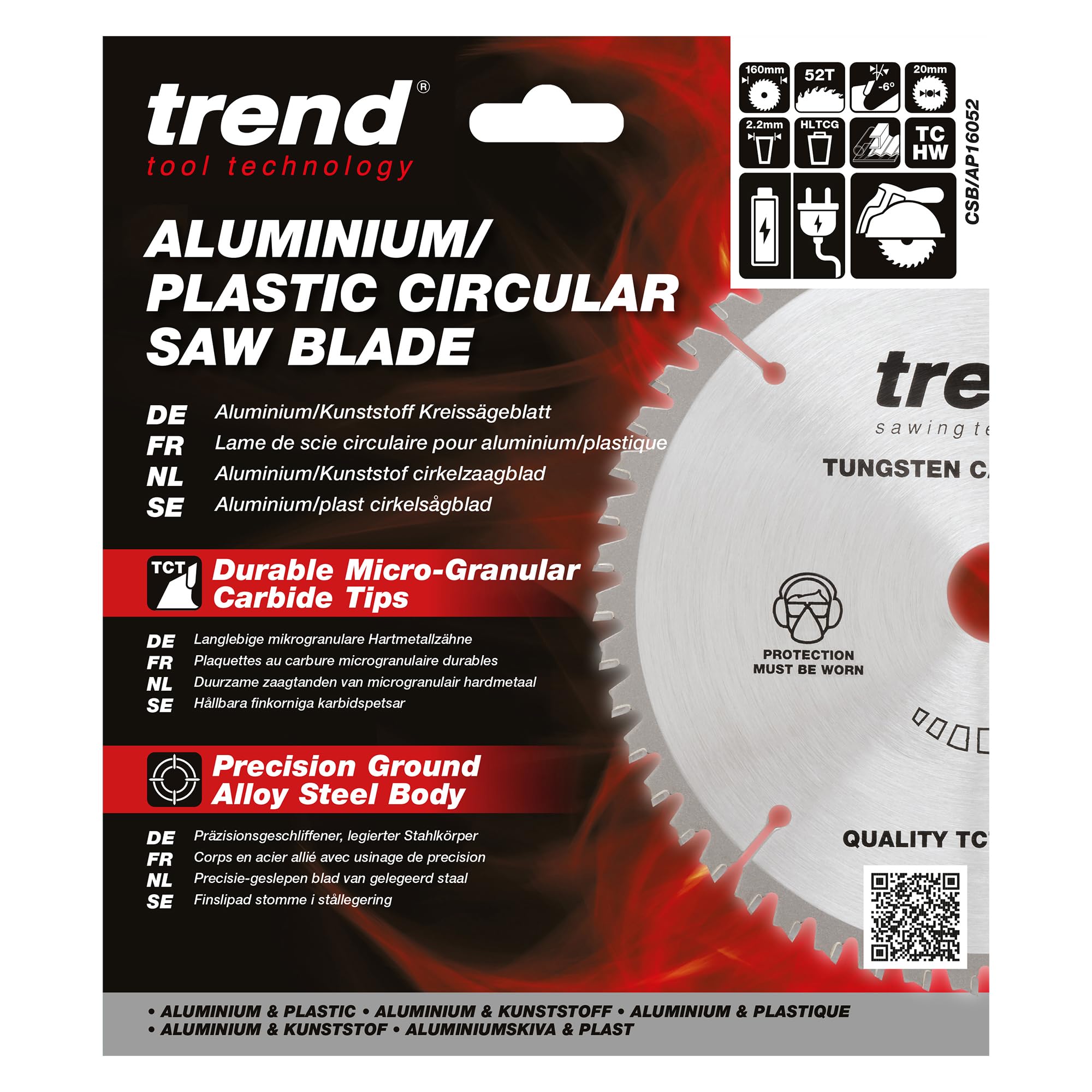 Trend Hoja sierra circular TCT aluminio/plástico 160 mm 52 dientes | Cortes limpios y ultra finos en aluminio y plástico; taladro 20 mm, kerf 2,2 mm, -6° gancho, CSB/AP16052