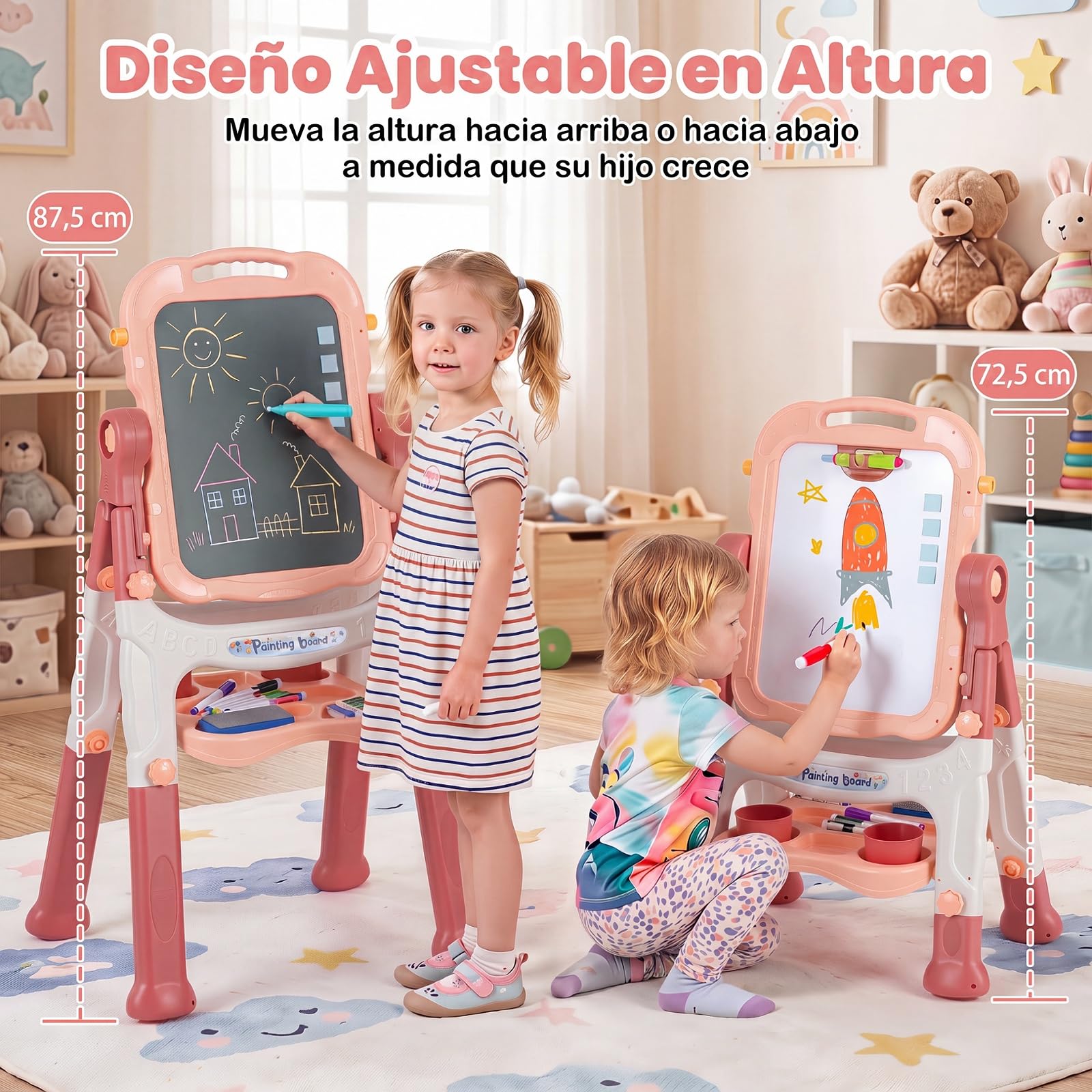 COSTWAY Pizarra Infantil con Doble Cara, Giratorio 360° (Rosa)