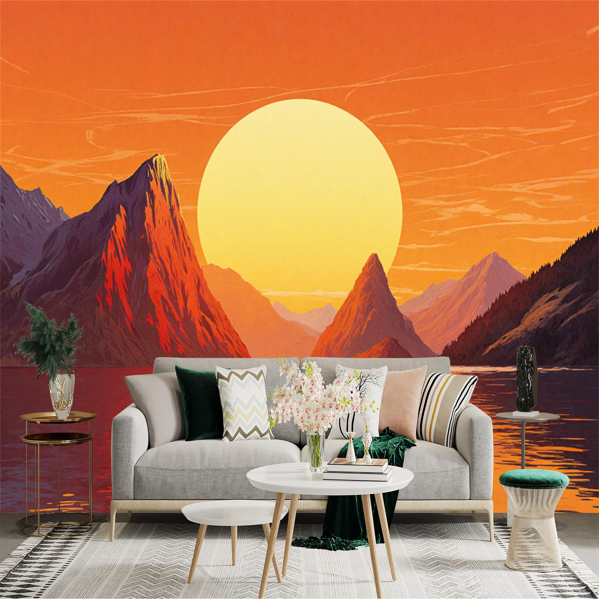 Custom Size Wall Sticker Mural， Sunset Over Calm Lake， Majestic Mountain Peaks， Golden Hour Scenery， Minimalist Art Style， for wall Decoration， peelandstick wall Decals.
