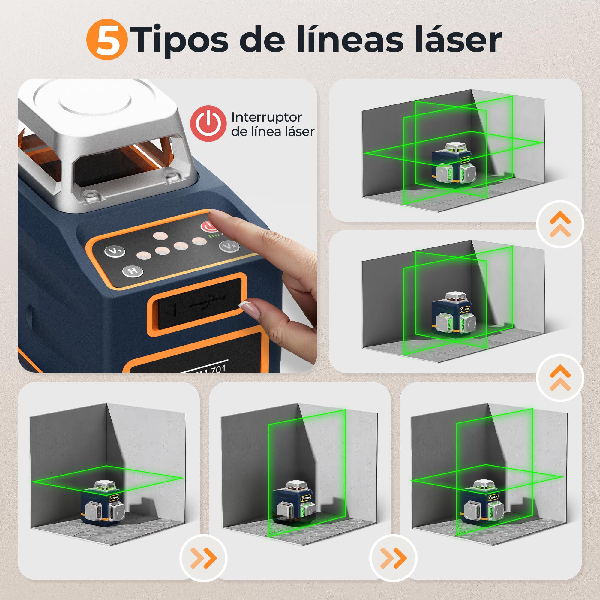 CIGMAN CM701 Nivel Láser de Línea, Autonivelante 360 Grados, 3x360°, 3D Nivelador, 30M Alcance, Con Control Remoto, Doble Soporte, Estuche acolchado, Batería Recargable, IP54