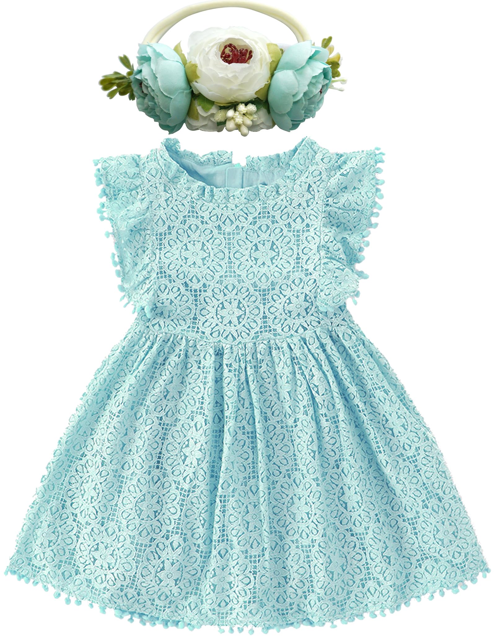 BGFKS Baby Girl Tutu Dress Elegant Lace Pom Pom Flutter Sleeve with Flower Headband Set
