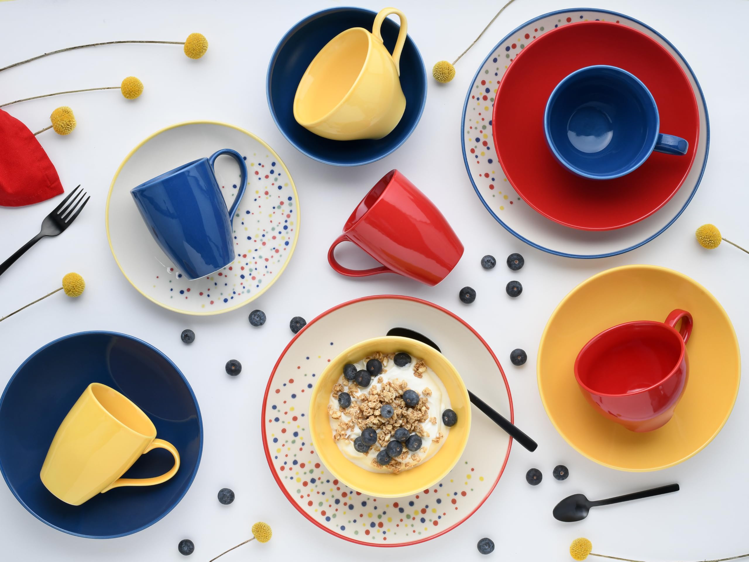 CreaTable, 24183, Serie Joy Dots Blau, 16-teiliges Geschirrset für 4 Personen, Kombiservice aus Steinzeug, spülmaschinen- und mikrowellengeeignet, Qualitätsproduktion