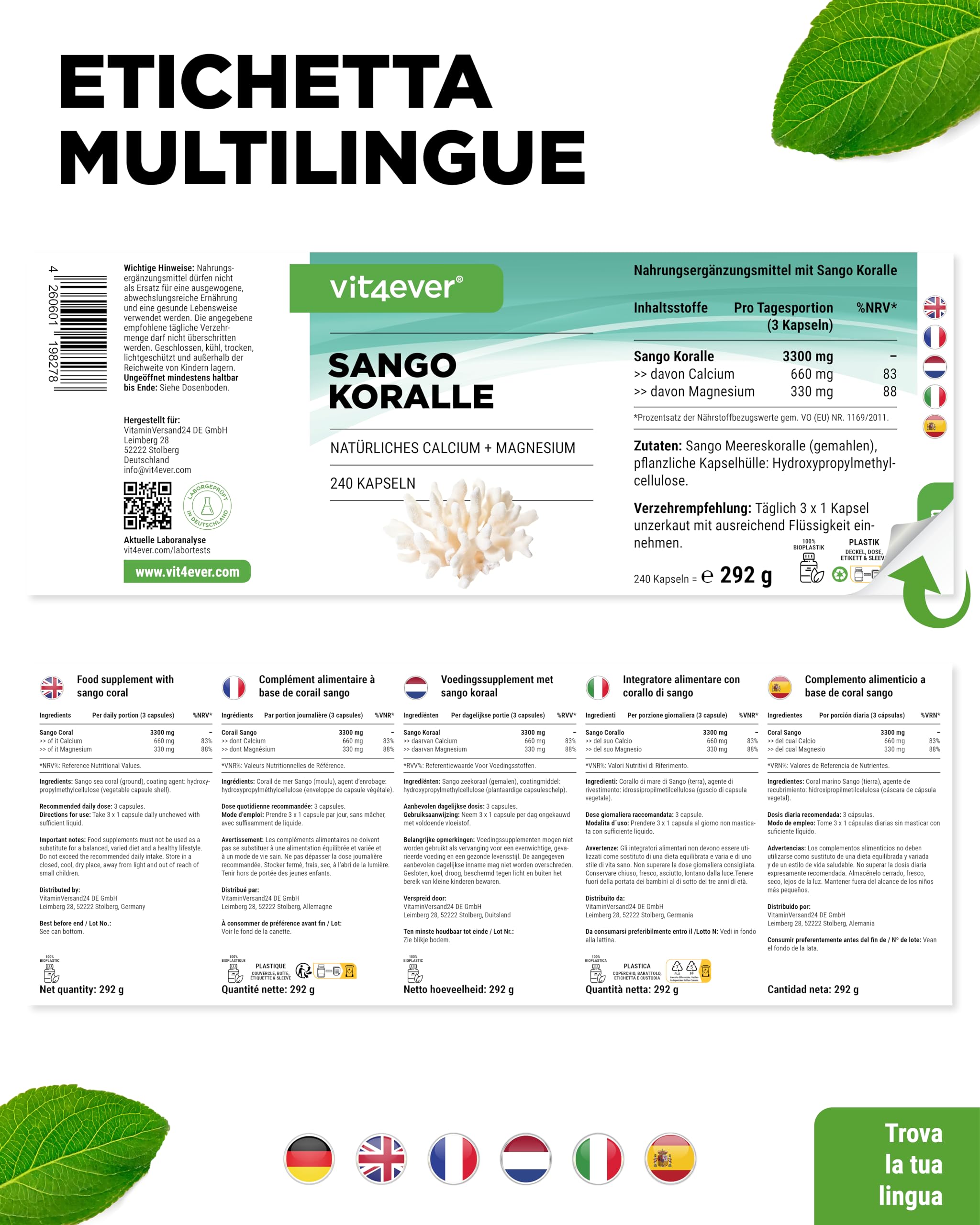 Corallo marino di Sango - 240 capsule (3 mesi) - 660 mg di calcio e 330 mg di magnesio - Fonte naturale di calcio e magnesio - Dosaggio elevato