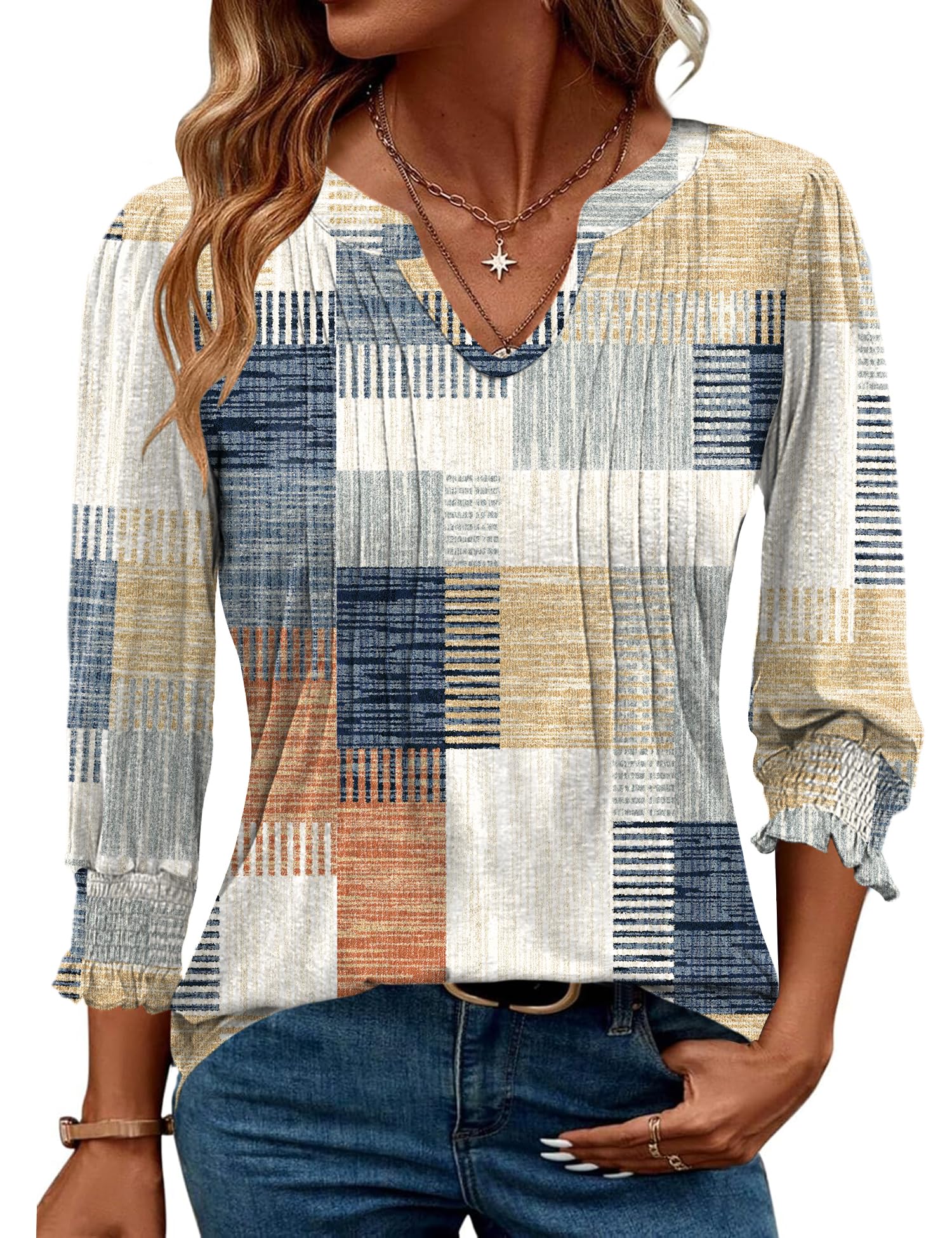 AKEWEI Blouses for Women Dressy Casual 3/4 Length Sleeve Spring Tops for Women V Neck Pleated T Shirts