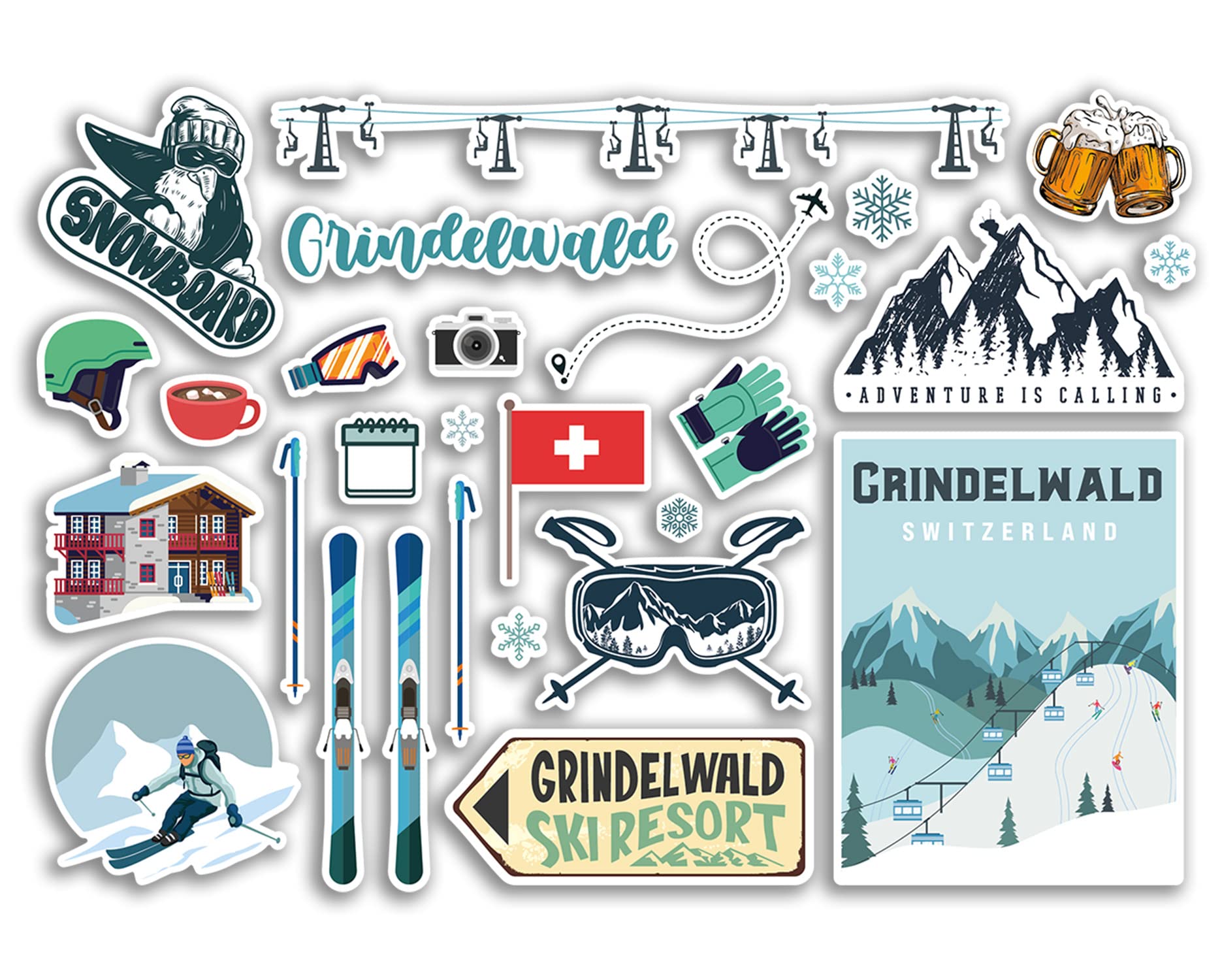 Dv Design Multi A5 Sticker Sheet Grindelwald Vinyl Stickers - Switzerland Swiss Ski Resort Mountains Snowboard Holiday Flag Travel Snow Sports Luggage Scrapbooking #79058