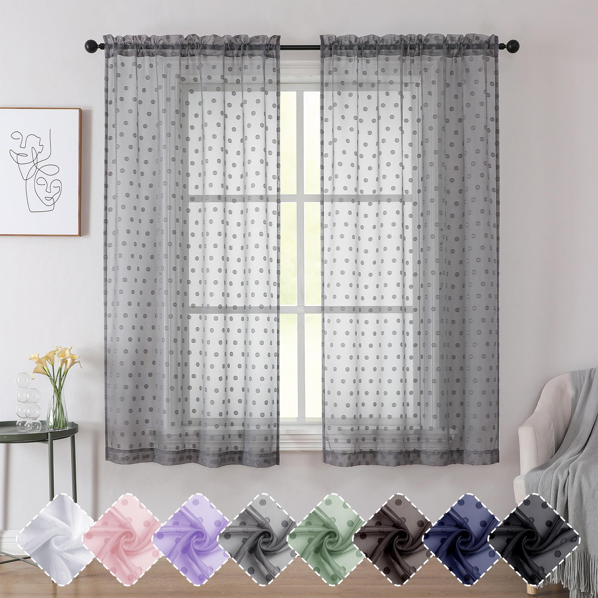 Simplebrand Polka Dots Grey Sheer Curtains 63 Inch Length 2 Panels, Elegant Airy Light Filtering Curtains Sheer for Living Room Bedroom Cute Jacquard Farmhouse Window Curtain Panels, 40Wx63L in