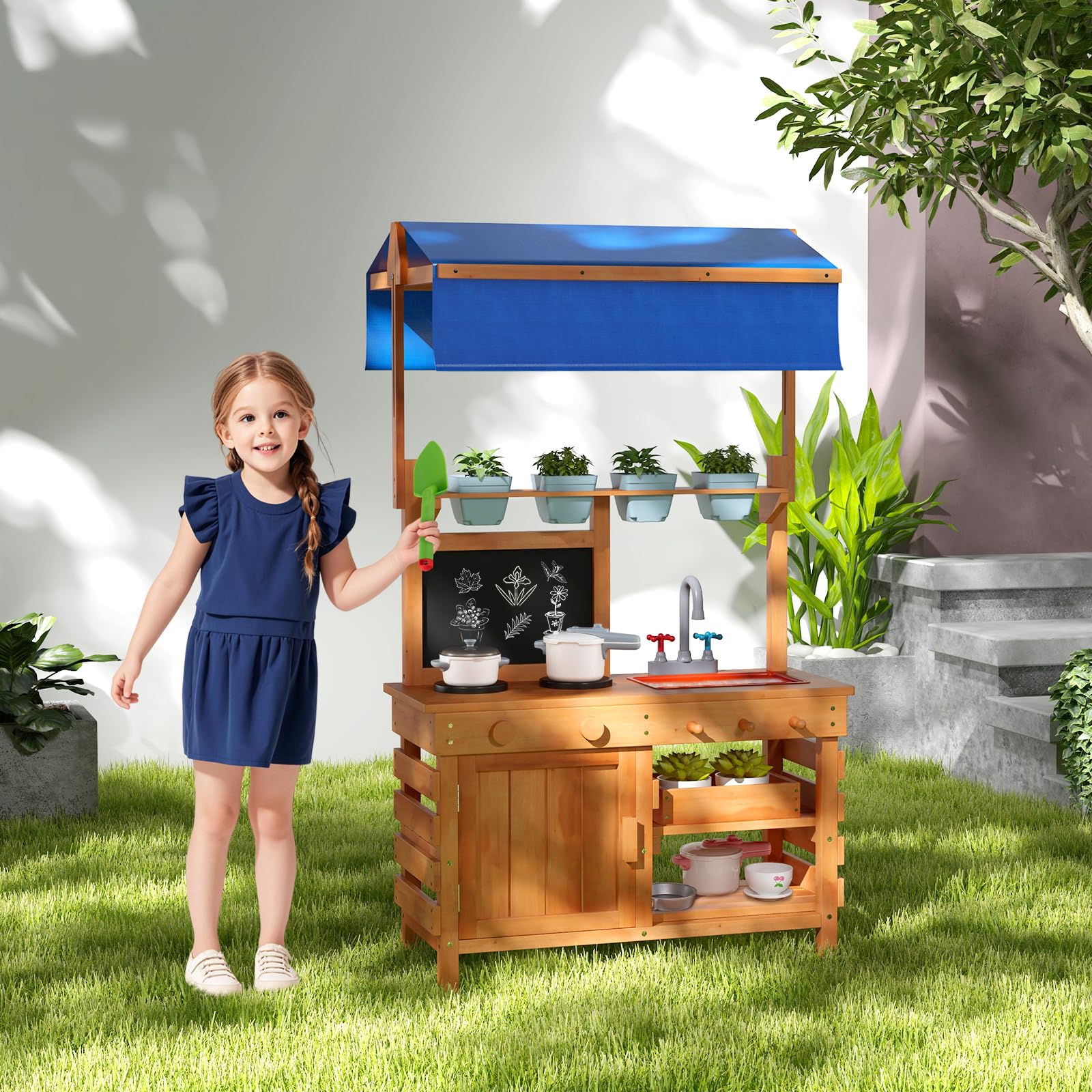 GOPLUS Matschküche Kinder Outdoor, Spielküche aus Tannenholz mit verstellbarem Baldachin, Spüle, 4 Töpfen, Stauraum & beschreibbarer Tafel, Kinderküche Gartenküche für Kinder ab 3 Jahren