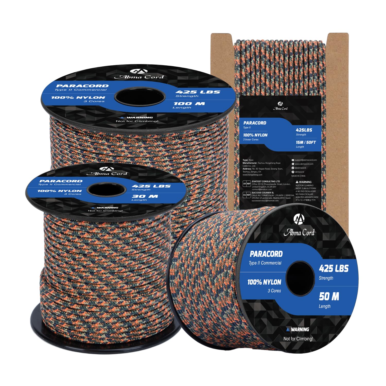 Abma Cord Paracord 3mm 15m 100% Nylon Rope Type II 3 Strands Parachute Cord - Max. 192kg (425lbs) - Blitz