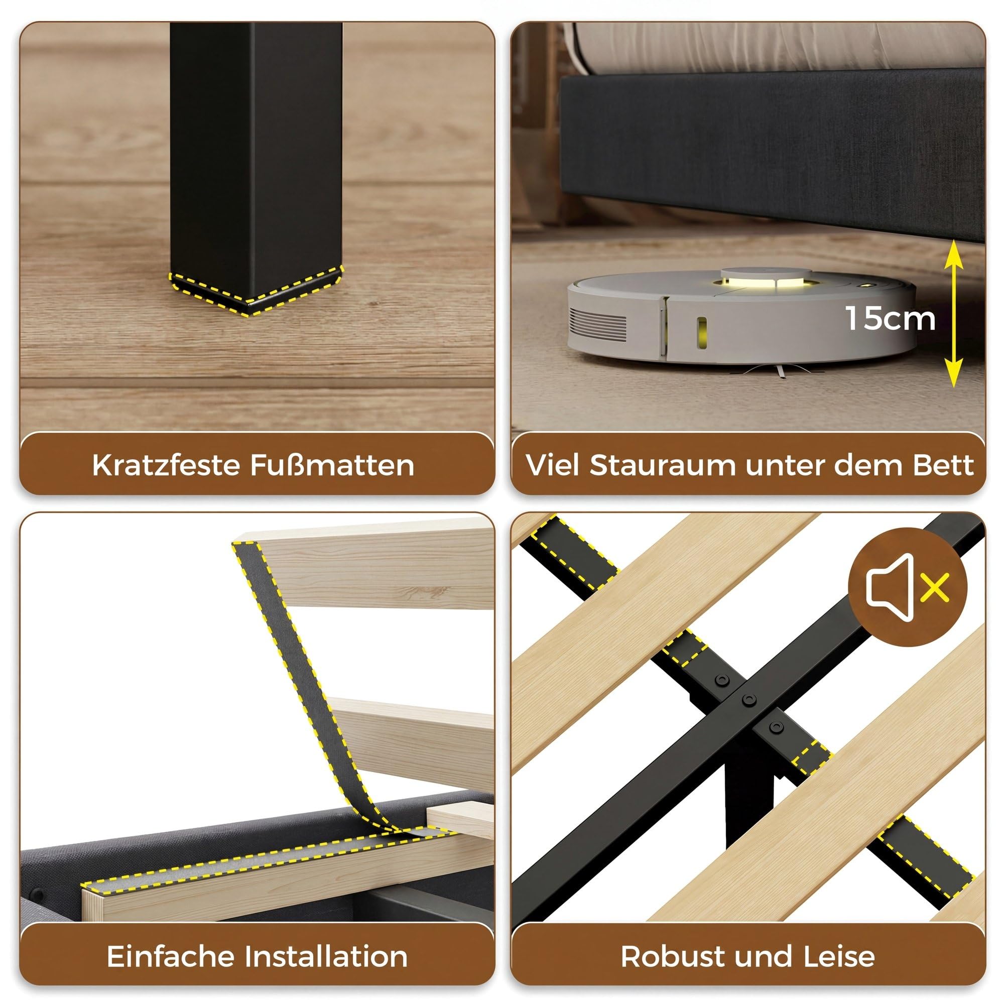 IRONCK Polsterbett 140x200, Schwebebett mit LED-Beleuchtung und Ladestation (USB/USB-C/Steckdosen), gepolstertes Kopfteil mit Stauraum, Bett mit Lattenrost, Doppelbett Bettgestell, Leinen, Dunkelgrau